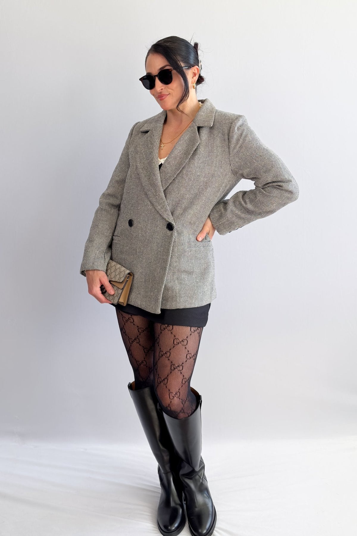 Women’s Herringbone Double - Breasted Blazer – Black - Blazers & Suit Jackets - Blooming Daily