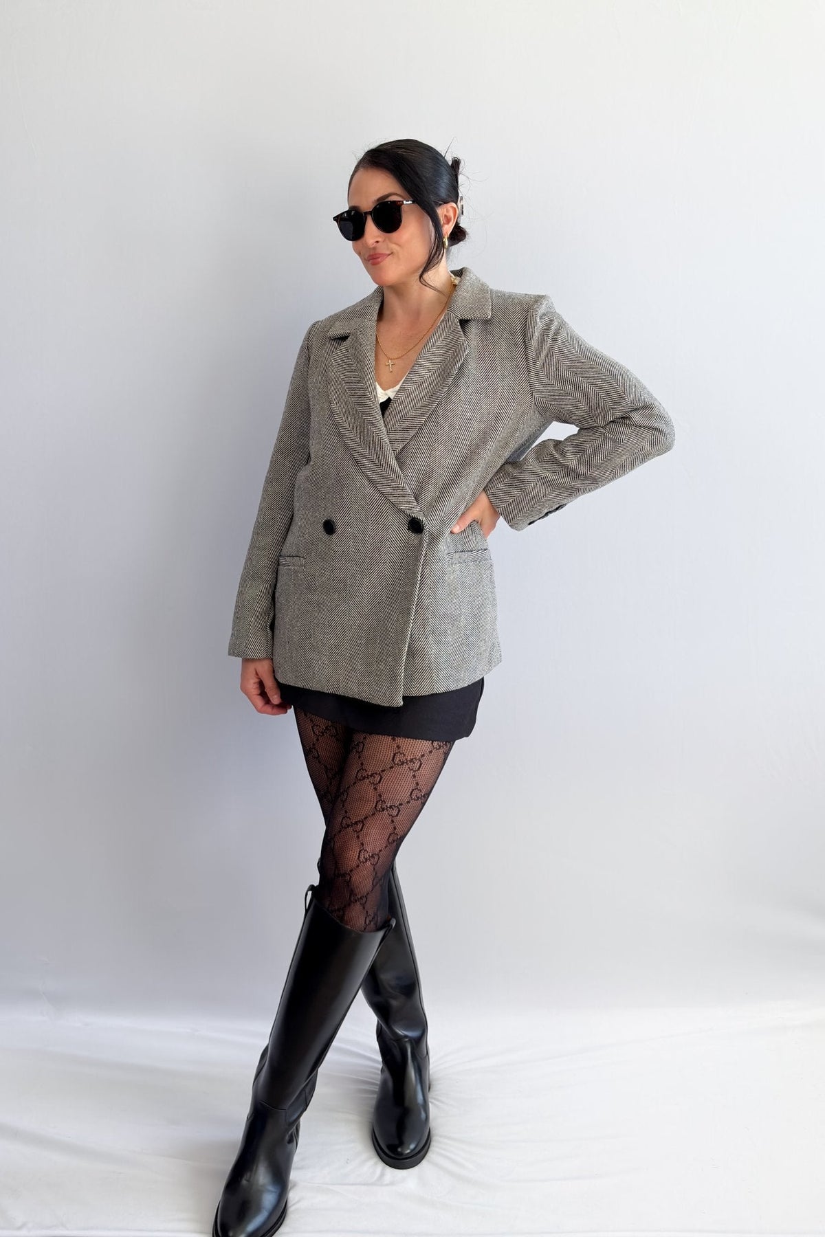 Women’s Herringbone Double - Breasted Blazer – Black - Blazers & Suit Jackets - Blooming Daily