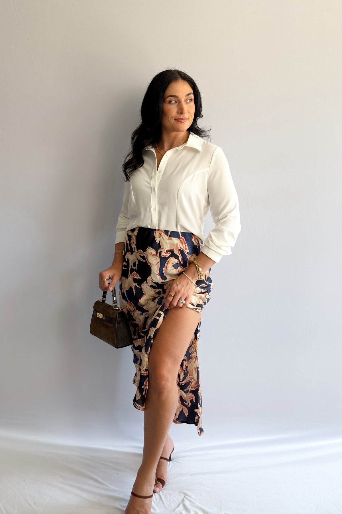 Women’s Horse Print Satin Midi Slip Skirt – Navy Blue - Women&#39;s Skirts - Blooming Daily