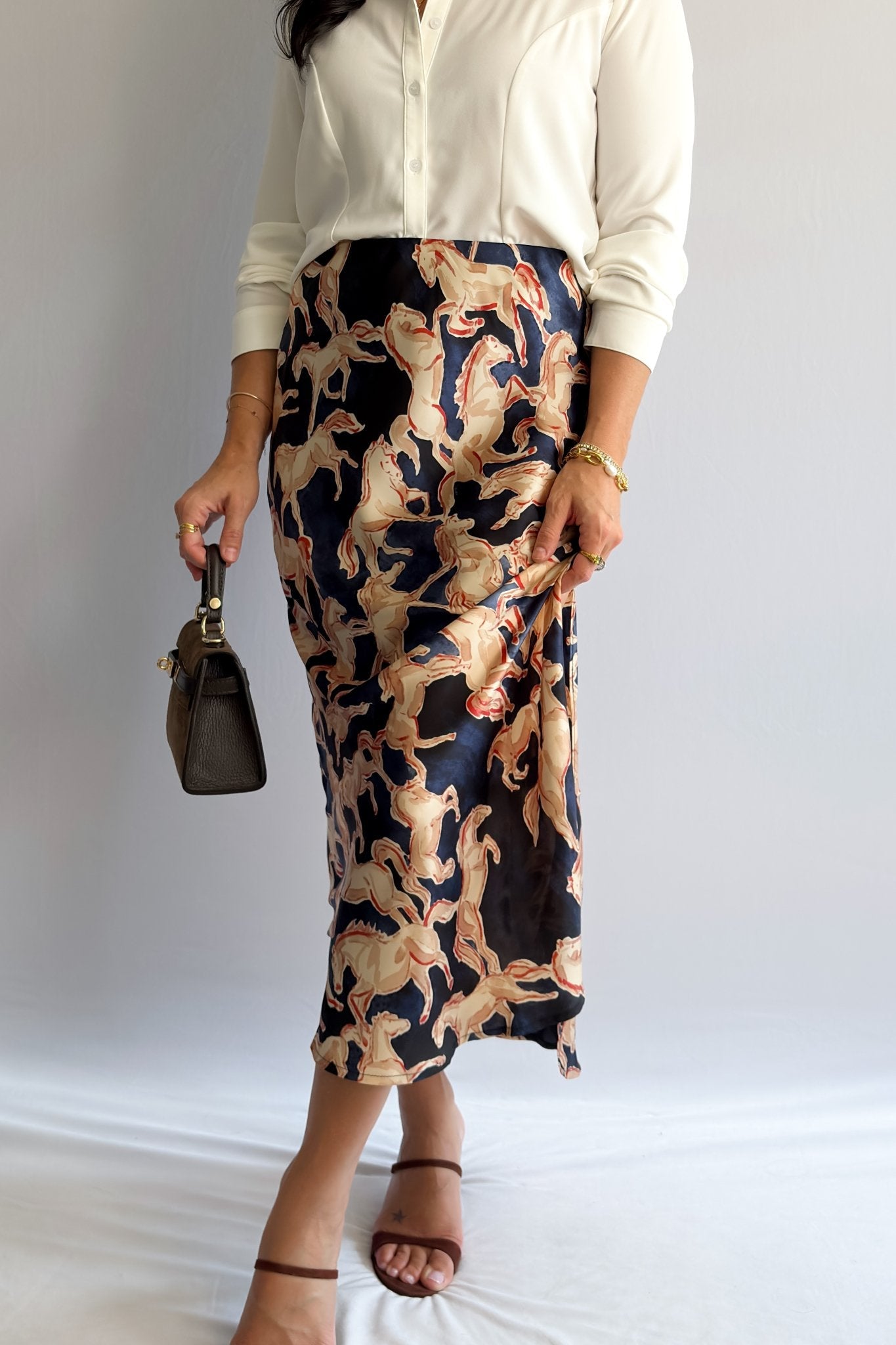 Women’s Horse Print Satin Midi Slip Skirt – Navy Blue - Women's Skirts - Blooming Daily