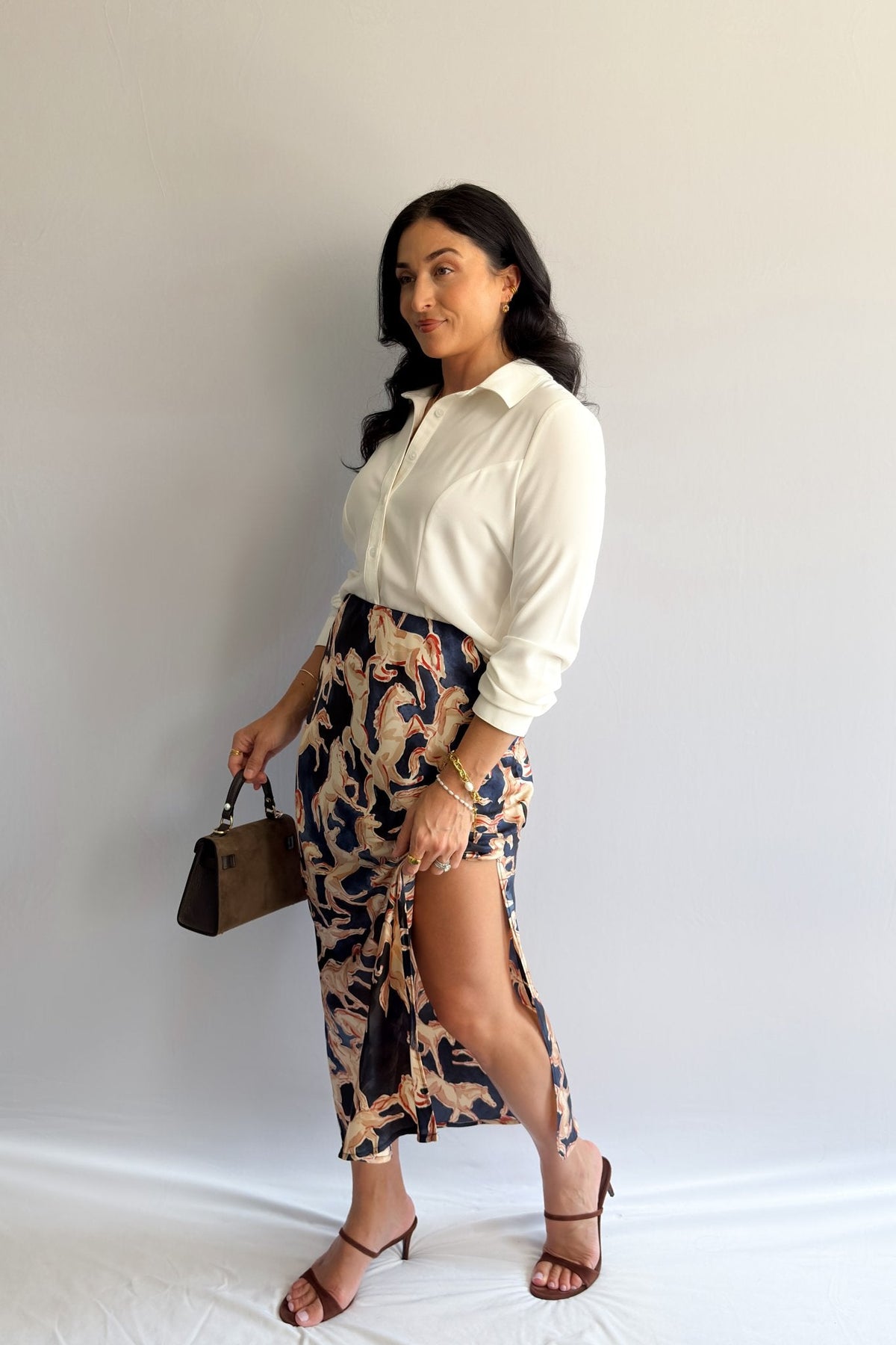 Women’s Horse Print Satin Midi Slip Skirt – Navy Blue - Women&#39;s Skirts - Blooming Daily