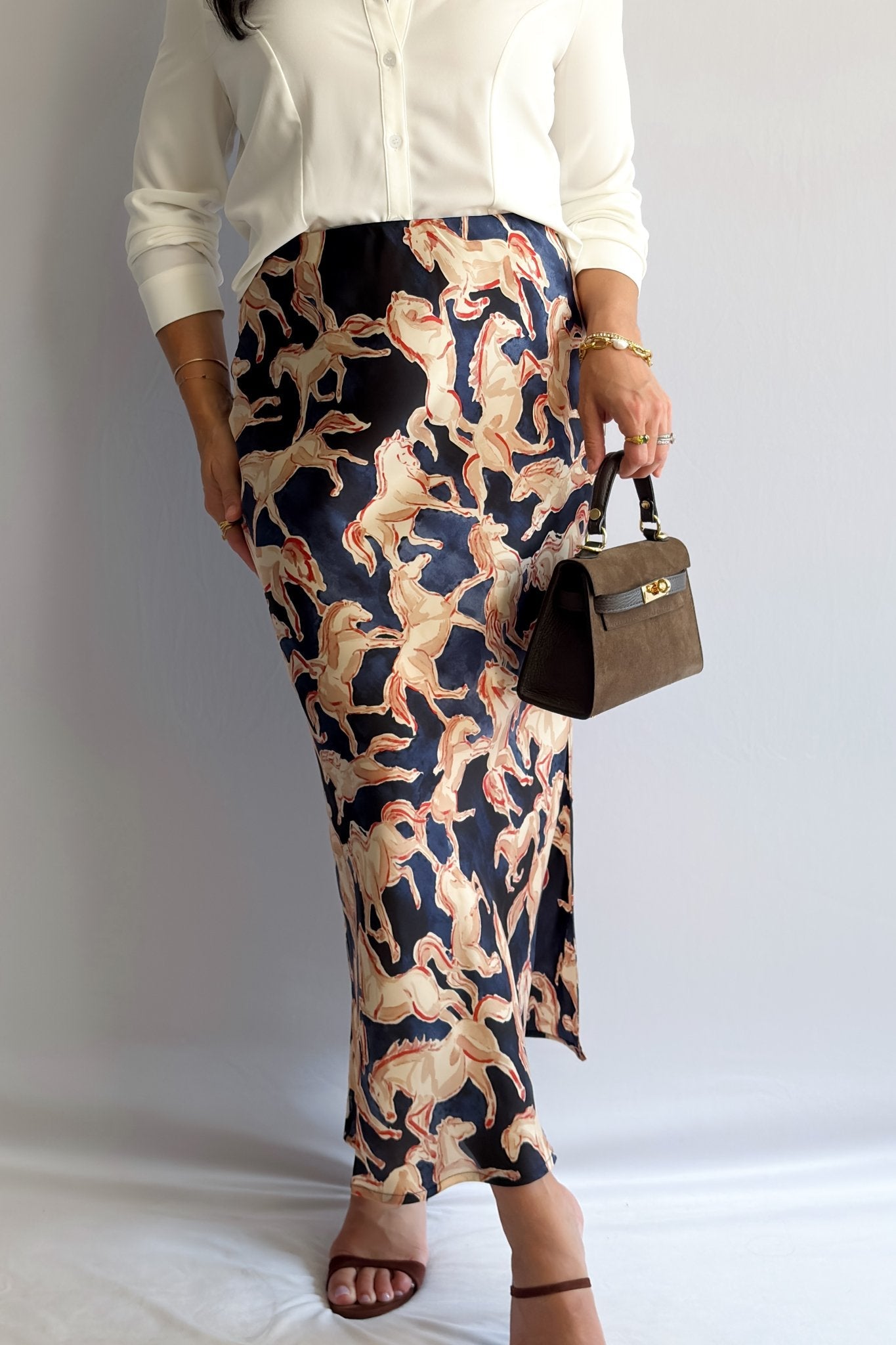 Women’s Horse Print Satin Midi Slip Skirt – Navy Blue - Women's Skirts - Blooming Daily