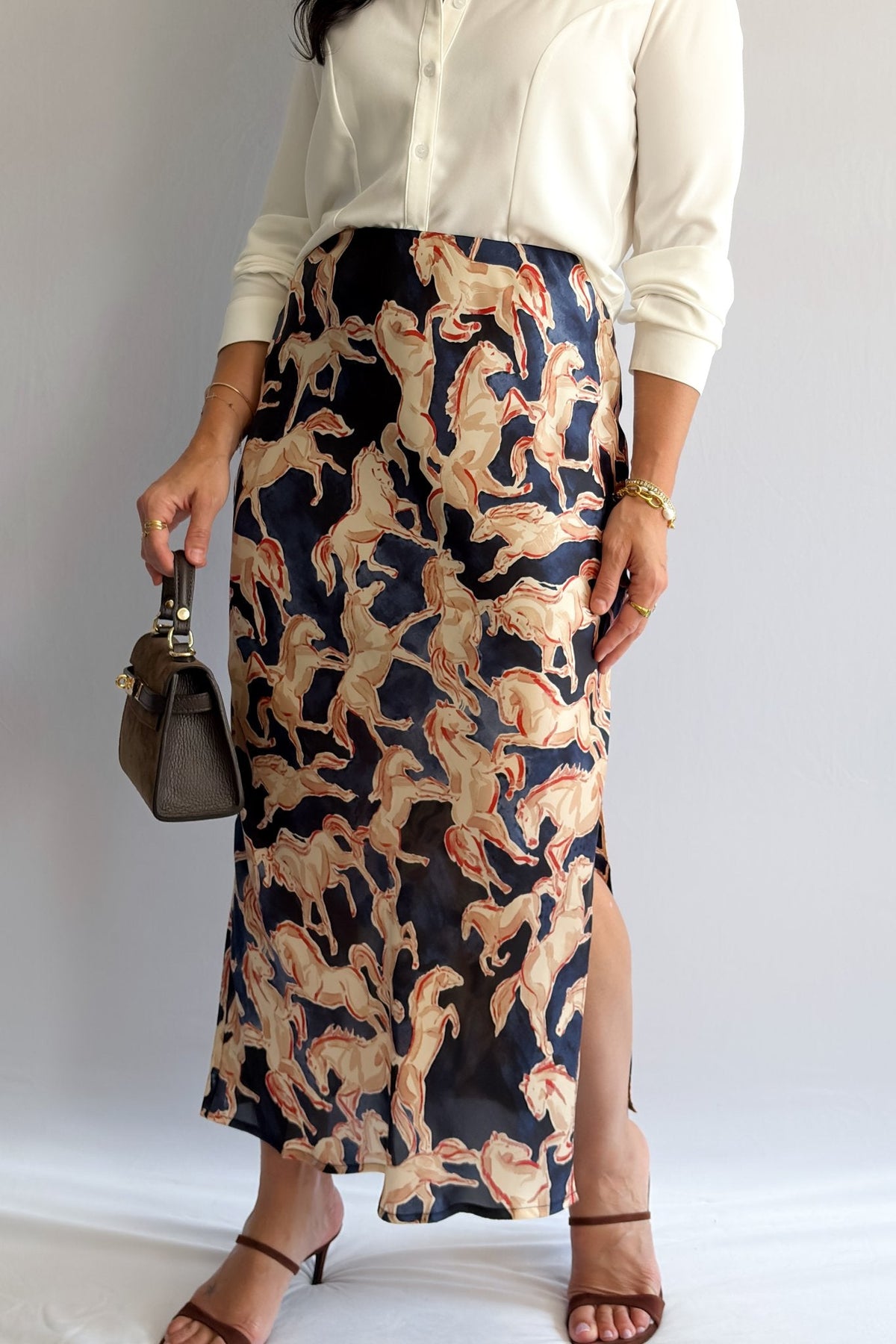Women’s Horse Print Satin Midi Slip Skirt – Navy Blue - Women&#39;s Skirts - Blooming Daily