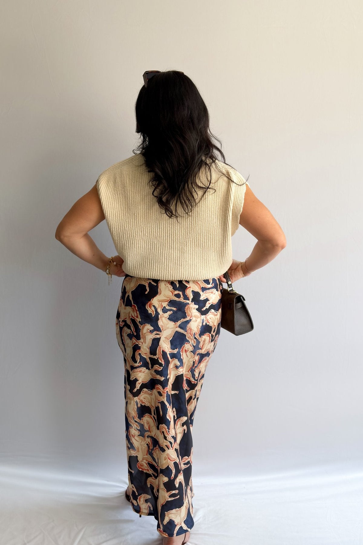 Women’s Horse Print Satin Midi Slip Skirt – Navy Blue - Women&#39;s Skirts - Blooming Daily