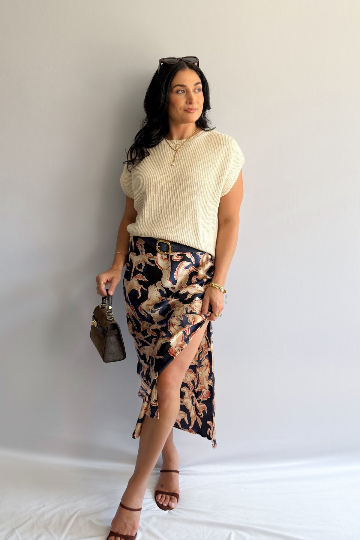 Women’s Horse Print Satin Midi Slip Skirt – Navy Blue - Women&#39;s Skirts - Blooming Daily