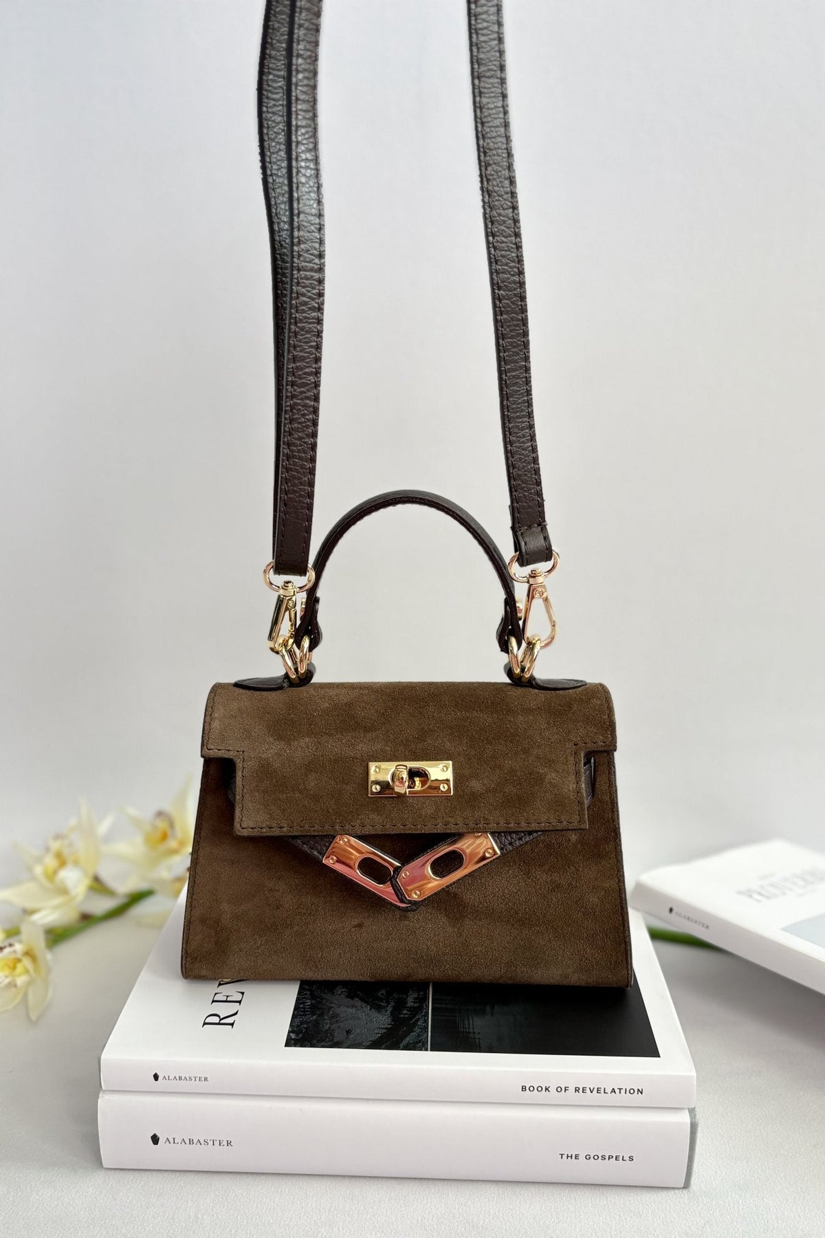 Women’s Italian Suede Mini Top - Handle Bag – Dark Brown - Women&#39;s Handbag - Blooming Daily