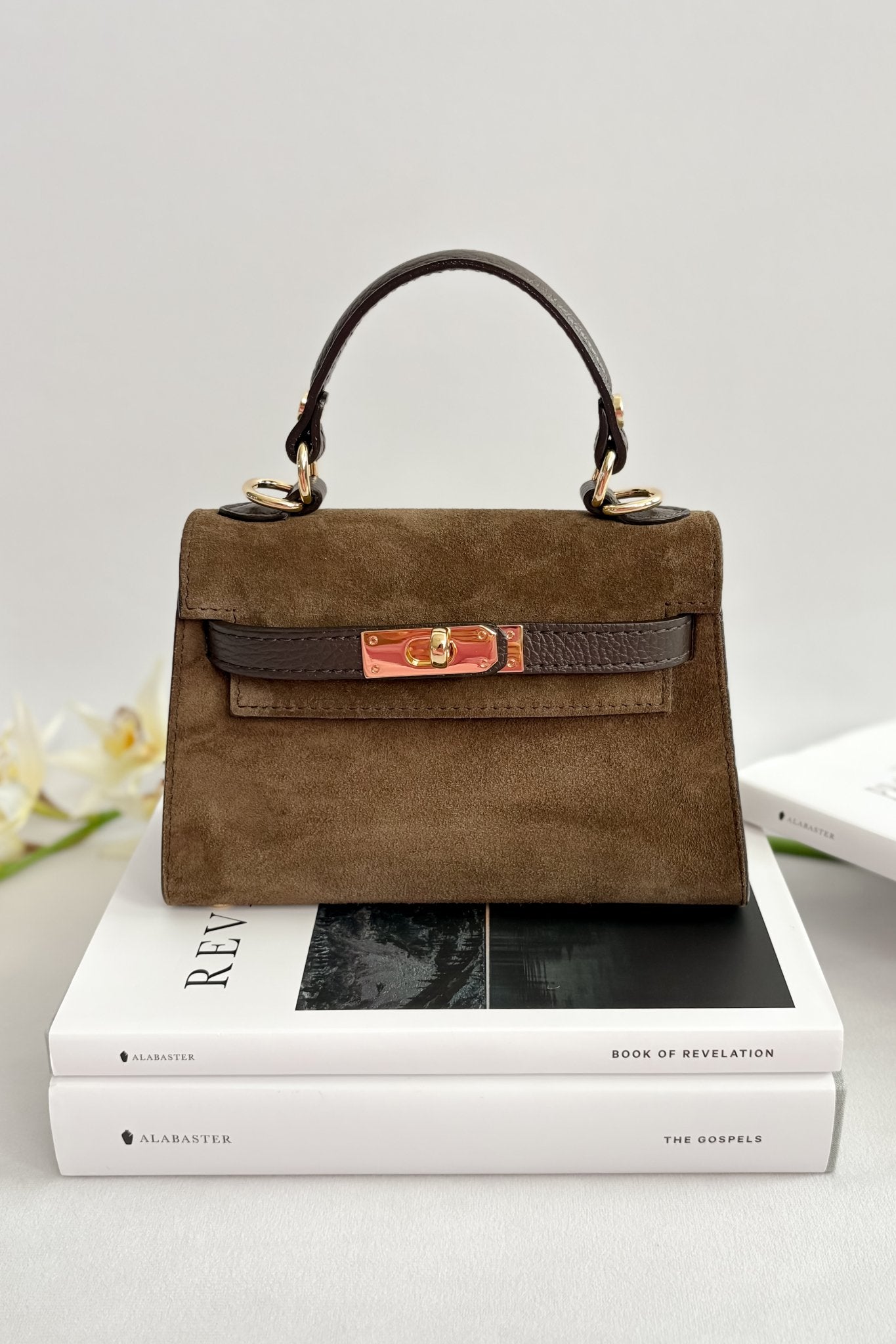 Women’s Italian Suede Mini Top - Handle Bag – Dark Brown - Women's Handbag - Blooming Daily