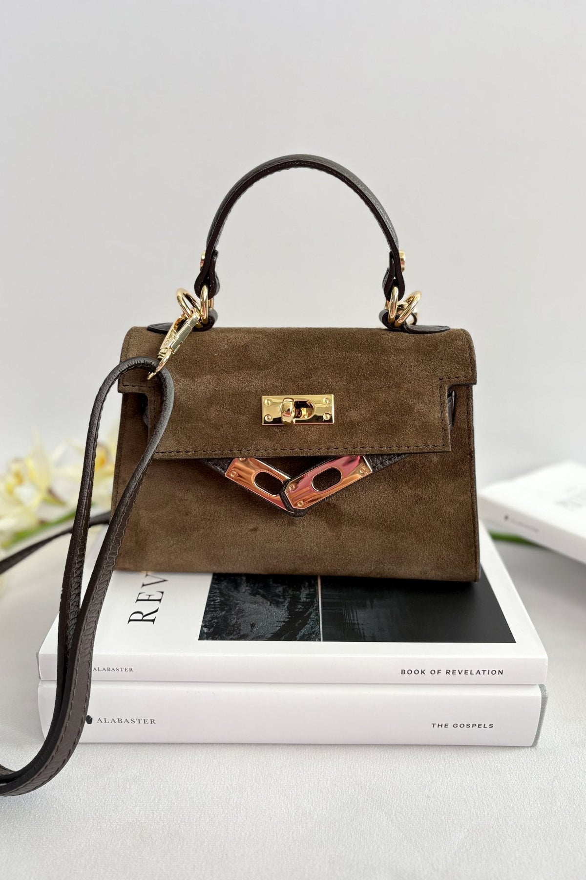 Women’s Italian Suede Mini Top - Handle Bag – Dark Brown - Women&#39;s Handbag - Blooming Daily