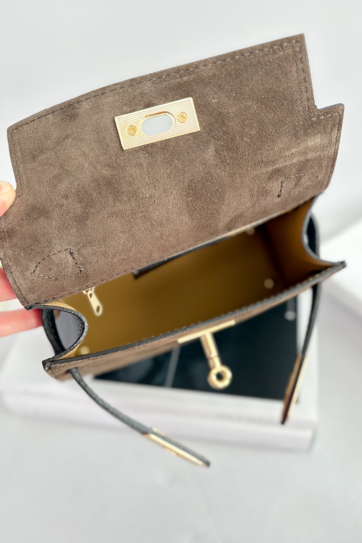 Women’s Italian Suede Mini Top - Handle Bag – Dark Brown - Women&#39;s Handbag - Blooming Daily