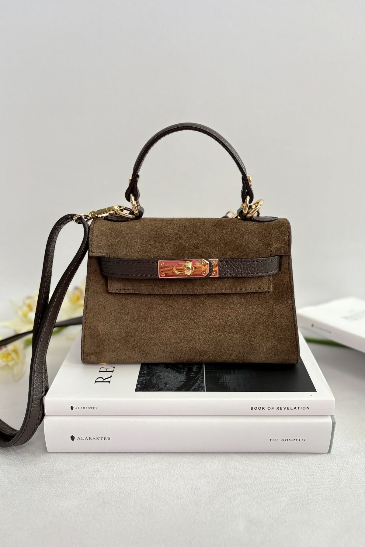 Women’s Italian Suede Mini Top - Handle Bag – Dark Brown - Women&#39;s Handbag - Blooming Daily