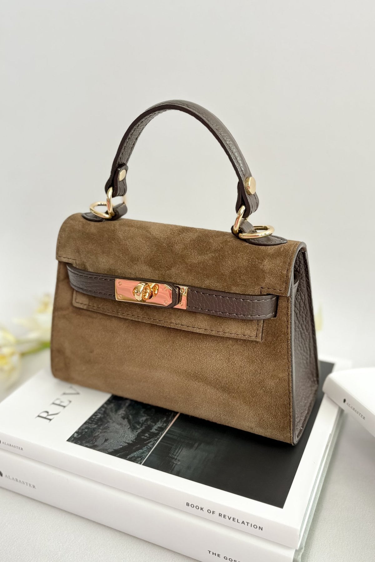 Women’s Italian Suede Mini Top - Handle Bag – Dark Brown - Women&#39;s Handbag - Blooming Daily