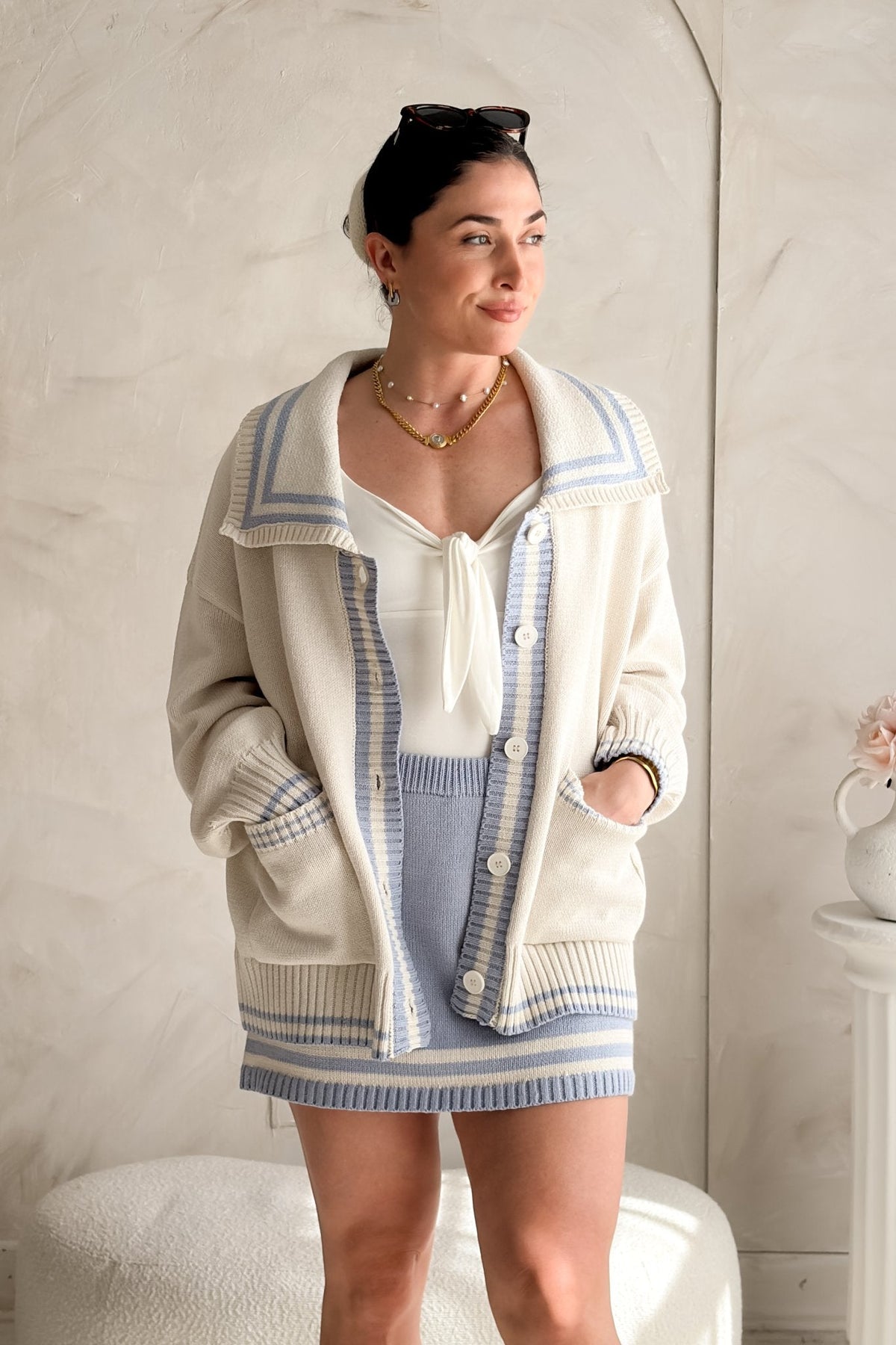 Women's Ivory Blue Striped Oversized Knit Cardigan Sweater - Sweaters > Cardigans - Blooming Daily
