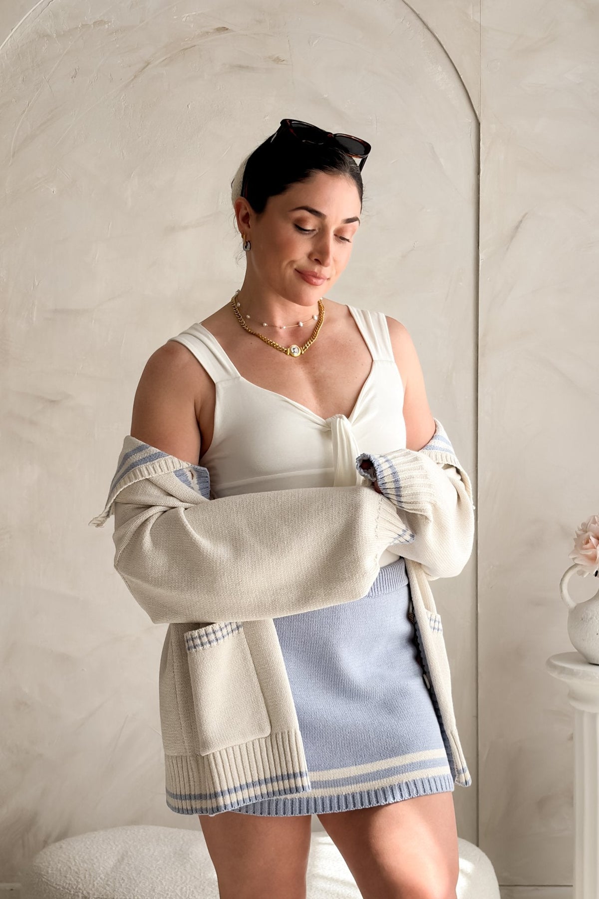 Women's Ivory Blue Striped Oversized Knit Cardigan Sweater - Sweaters > Cardigans - Blooming Daily