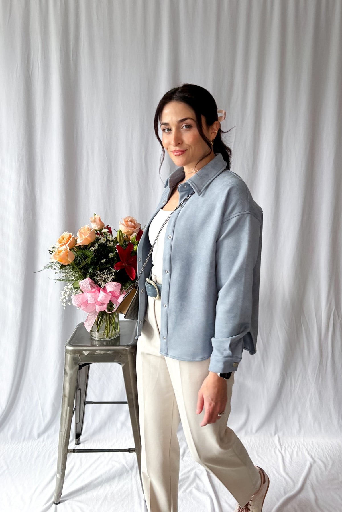 Women&#39;s Le Paris Stretch Micro Suede Jacket | Sadie &amp; Sage | Blue - Women&#39;s Shirts &amp; Tops - Blooming Daily