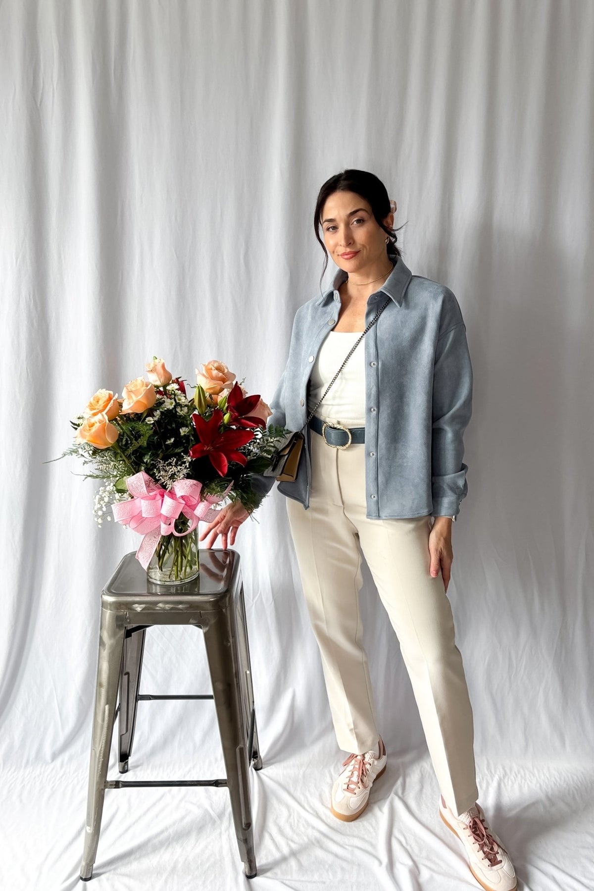 Women&#39;s Le Paris Stretch Micro Suede Jacket | Sadie &amp; Sage | Blue - Women&#39;s Shirts &amp; Tops - Blooming Daily