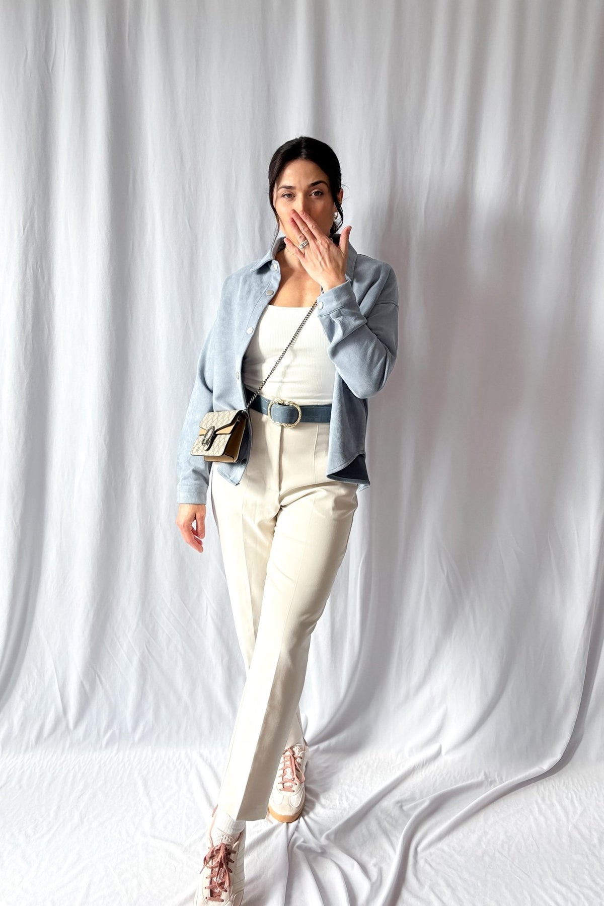 Women&#39;s Le Paris Stretch Micro Suede Jacket | Sadie &amp; Sage | Blue - Women&#39;s Shirts &amp; Tops - Blooming Daily