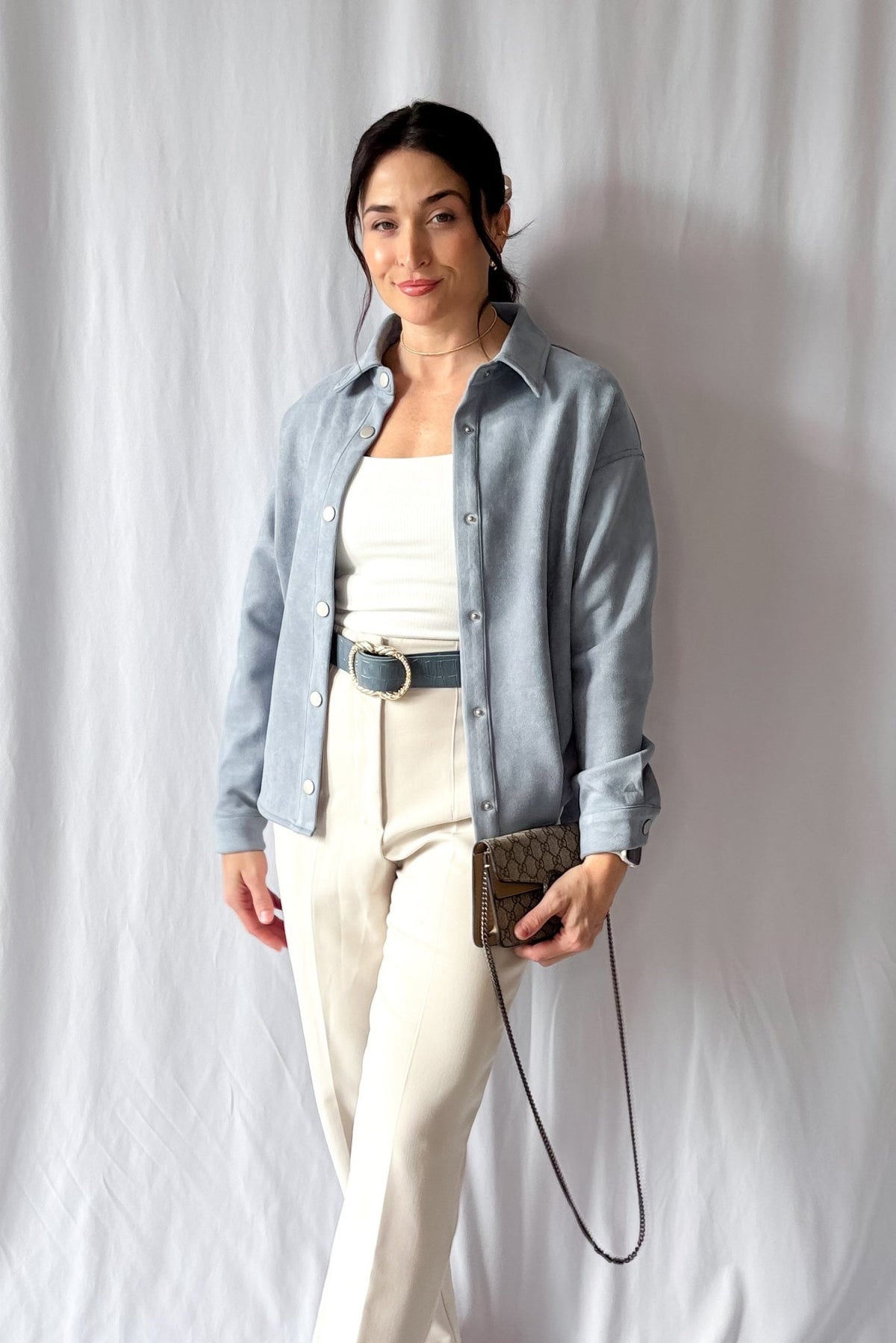 Women&#39;s Le Paris Stretch Micro Suede Jacket | Sadie &amp; Sage | Blue - Women&#39;s Shirts &amp; Tops - Blooming Daily