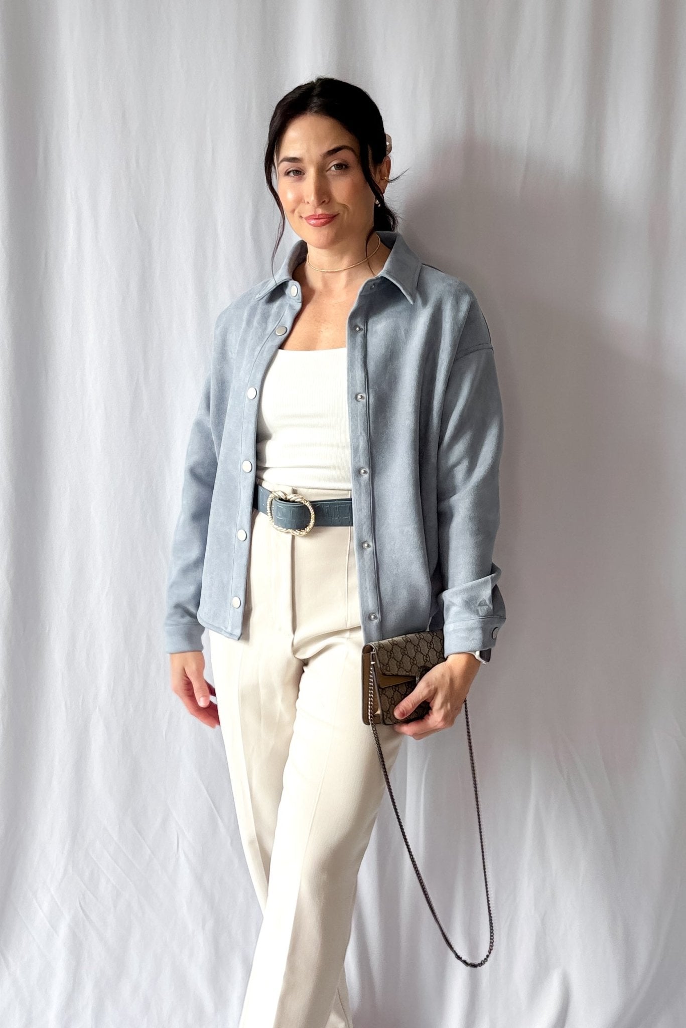 Women's Le Paris Stretch Micro Suede Jacket | Sadie & Sage | Blue - Women's Shirts & Tops - Blooming Daily