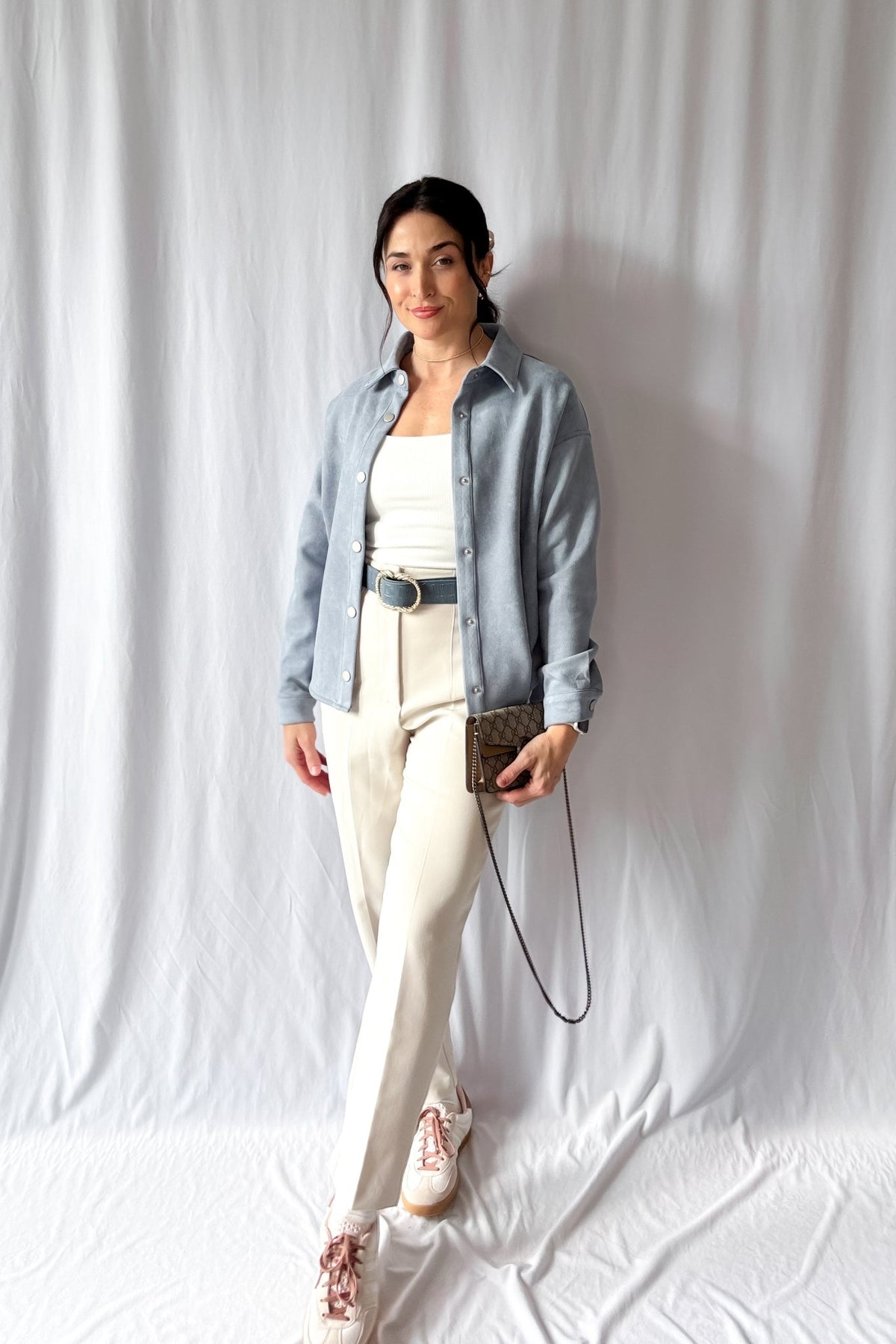 Women&#39;s Le Paris Stretch Micro Suede Jacket | Sadie &amp; Sage | Blue - Women&#39;s Shirts &amp; Tops - Blooming Daily