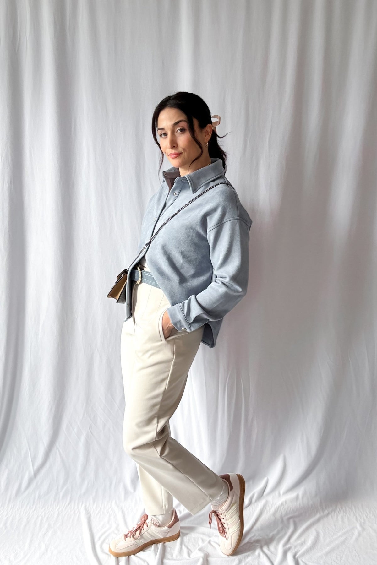 Women&#39;s Le Paris Stretch Micro Suede Jacket | Sadie &amp; Sage | Blue - Women&#39;s Shirts &amp; Tops - Blooming Daily