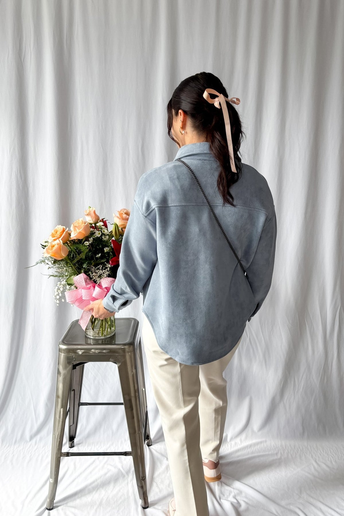 Women&#39;s Le Paris Stretch Micro Suede Jacket | Sadie &amp; Sage | Blue - Women&#39;s Shirts &amp; Tops - Blooming Daily