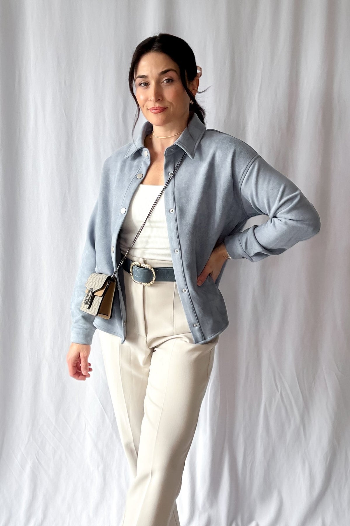 Women&#39;s Le Paris Stretch Micro Suede Jacket | Sadie &amp; Sage | Blue - Women&#39;s Shirts &amp; Tops - Blooming Daily