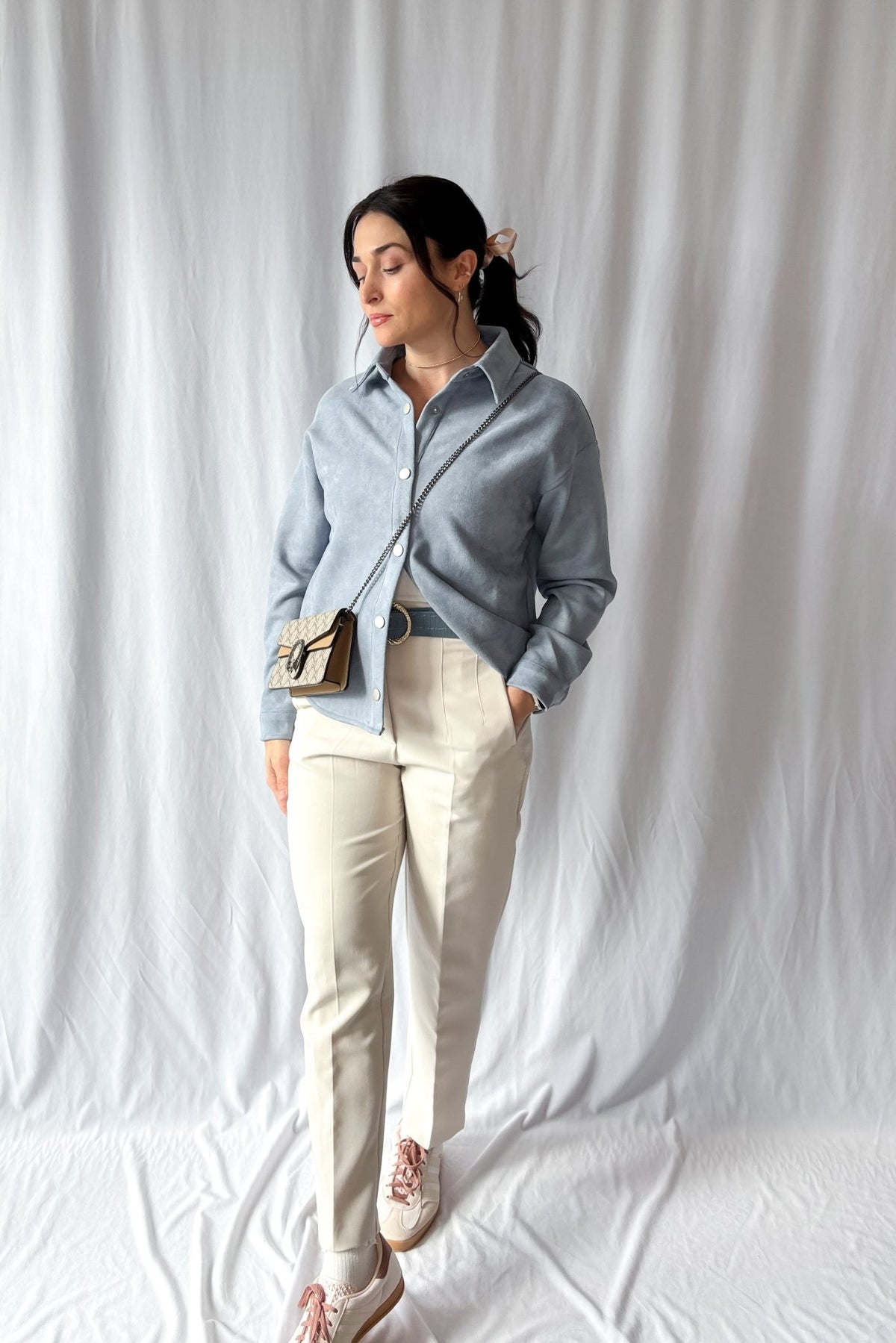 Women&#39;s Le Paris Stretch Micro Suede Jacket | Sadie &amp; Sage | Blue - Women&#39;s Shirts &amp; Tops - Blooming Daily