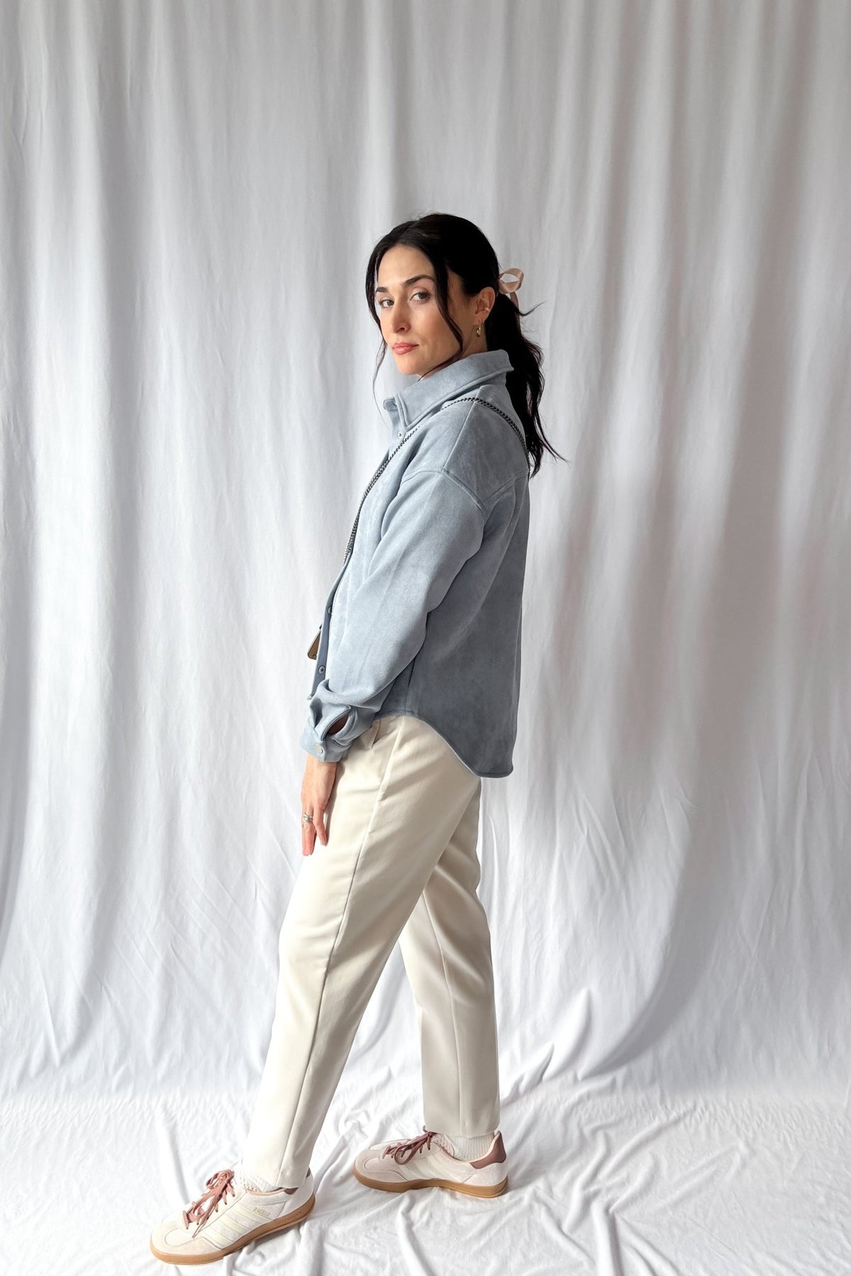 Women&#39;s Le Paris Stretch Micro Suede Jacket | Sadie &amp; Sage | Blue - Women&#39;s Shirts &amp; Tops - Blooming Daily