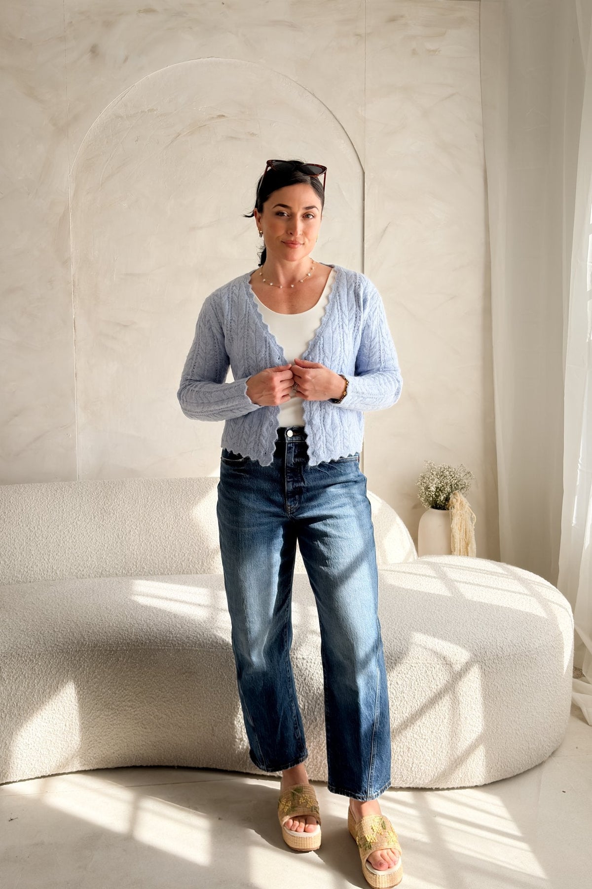 Women’s Light Blue Scalloped Cable Knit Cardigan - Women's Sweaters - Blooming Daily