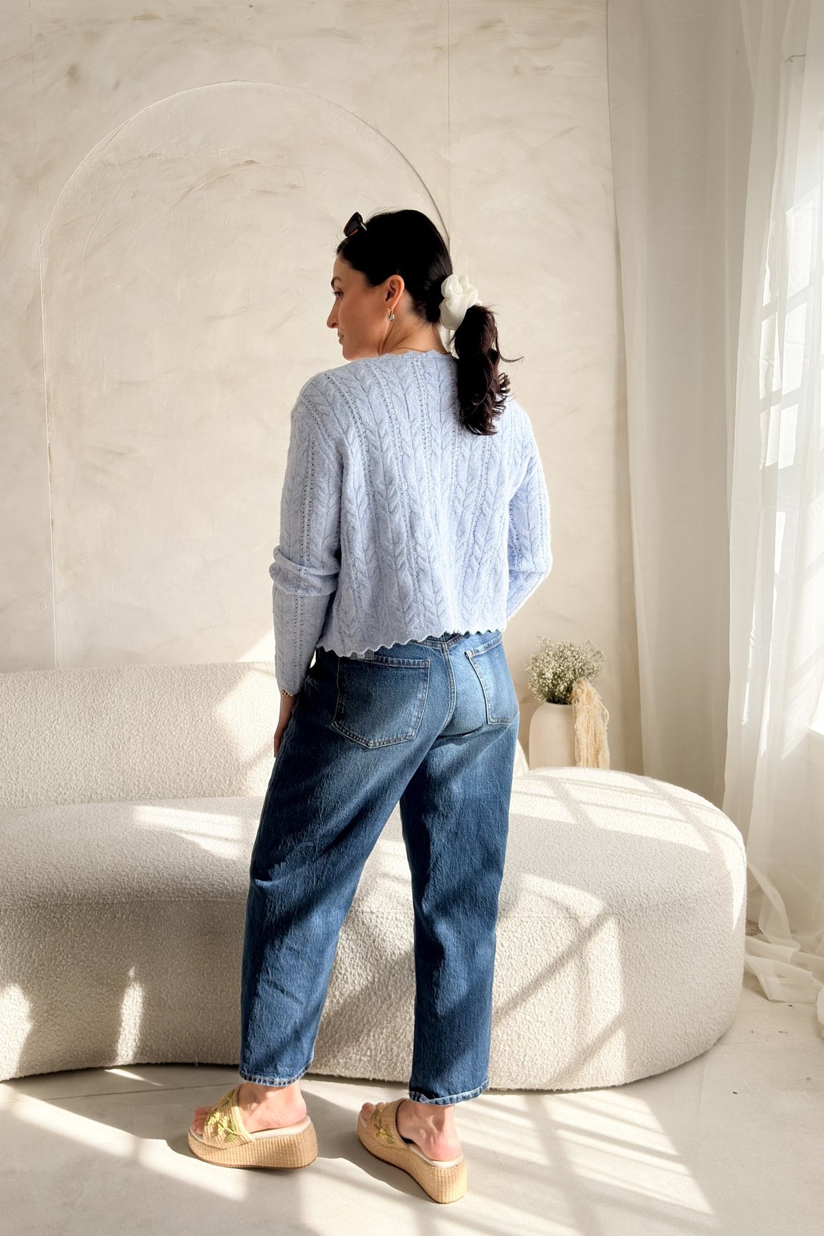 Women’s Light Blue Scalloped Cable Knit Cardigan - Women's Sweaters - Blooming Daily