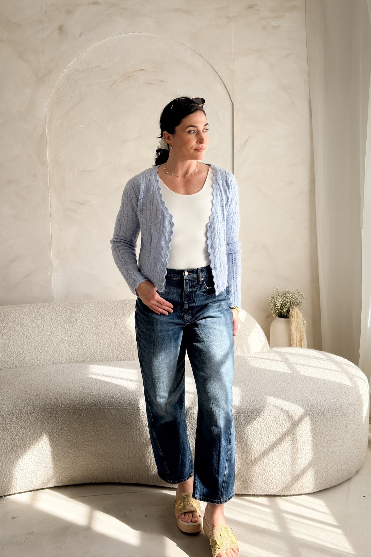 Women’s Light Blue Scalloped Cable Knit Cardigan - Women's Sweaters - Blooming Daily