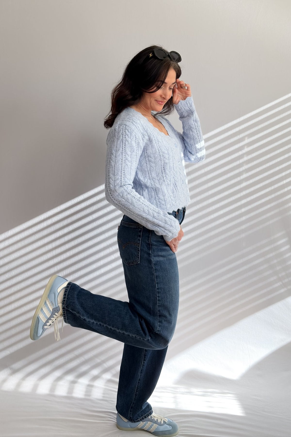 Women’s Light Blue Scalloped Cable Knit Cardigan - Women's Sweaters - Blooming Daily