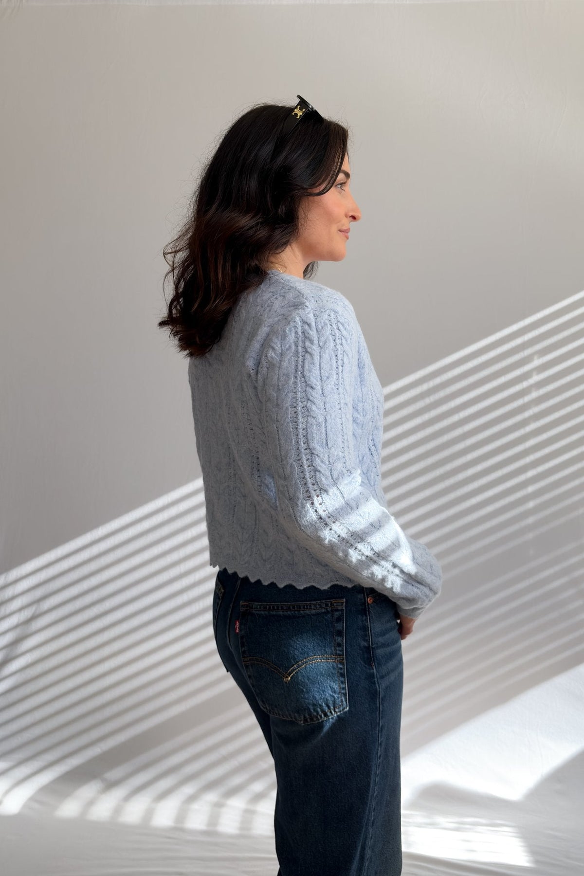 Women’s Light Blue Scalloped Cable Knit Cardigan - Women's Sweaters - Blooming Daily