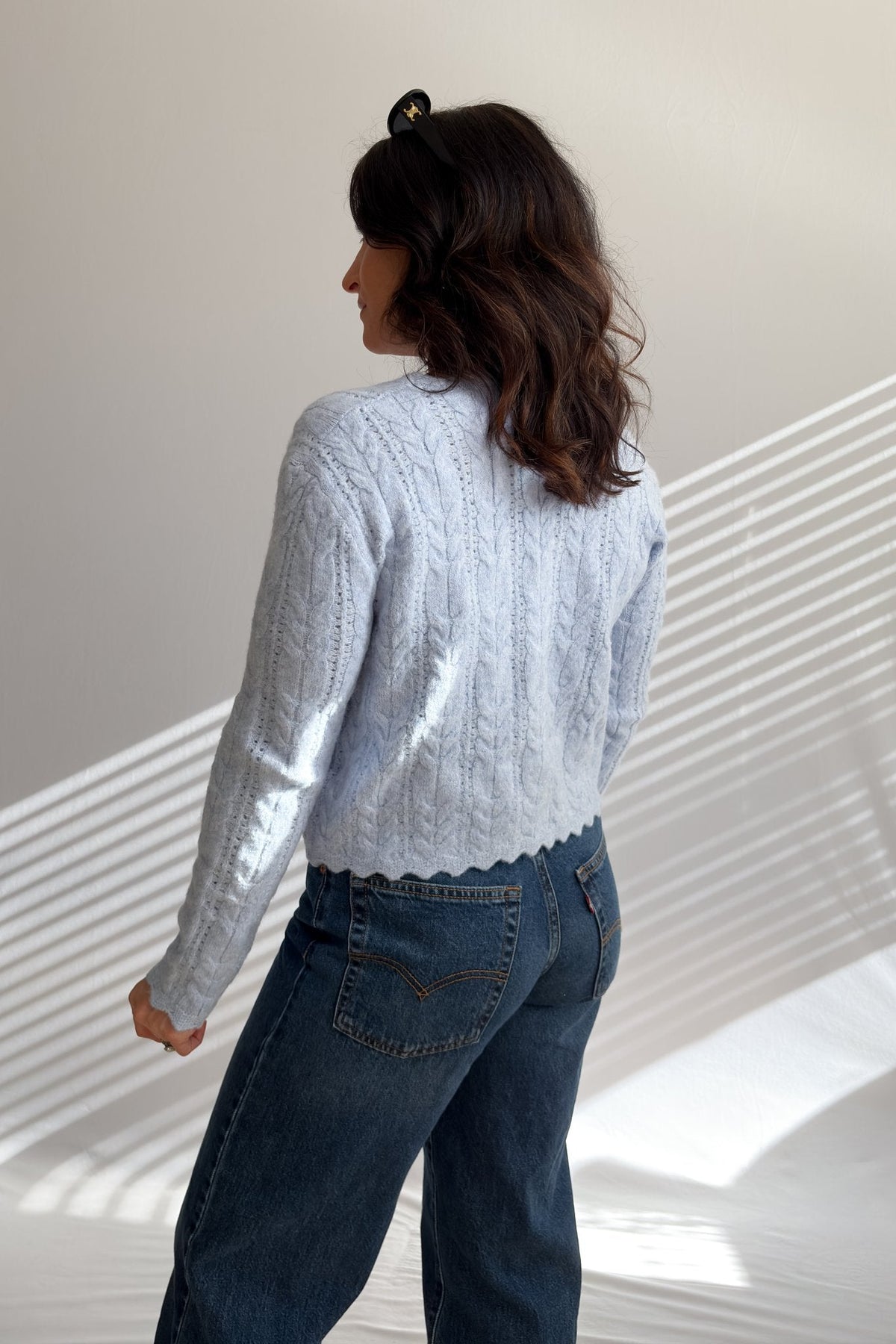 Women’s Light Blue Scalloped Cable Knit Cardigan - Women's Sweaters - Blooming Daily