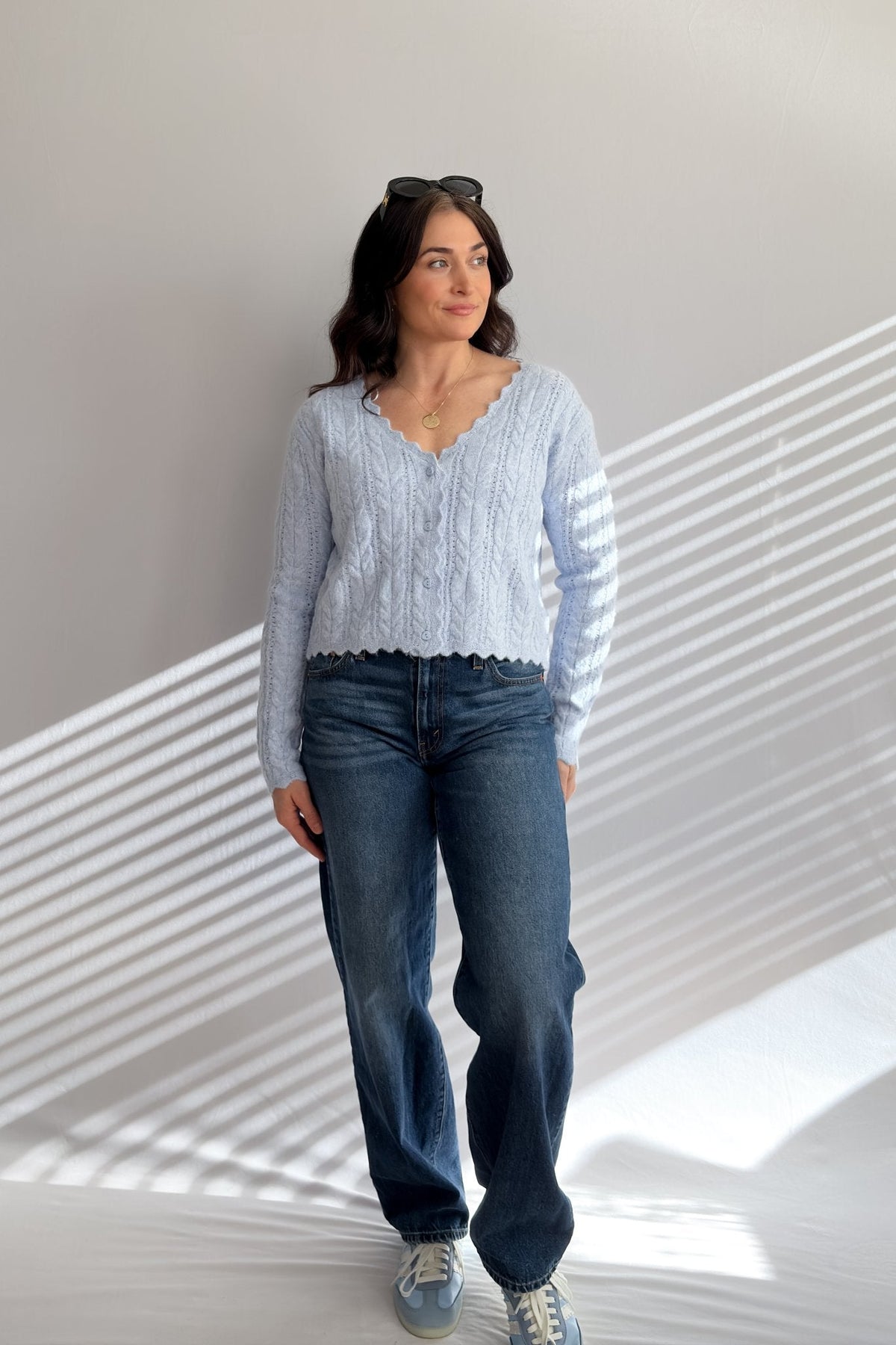 Women’s Light Blue Scalloped Cable Knit Cardigan - Women's Sweaters - Blooming Daily