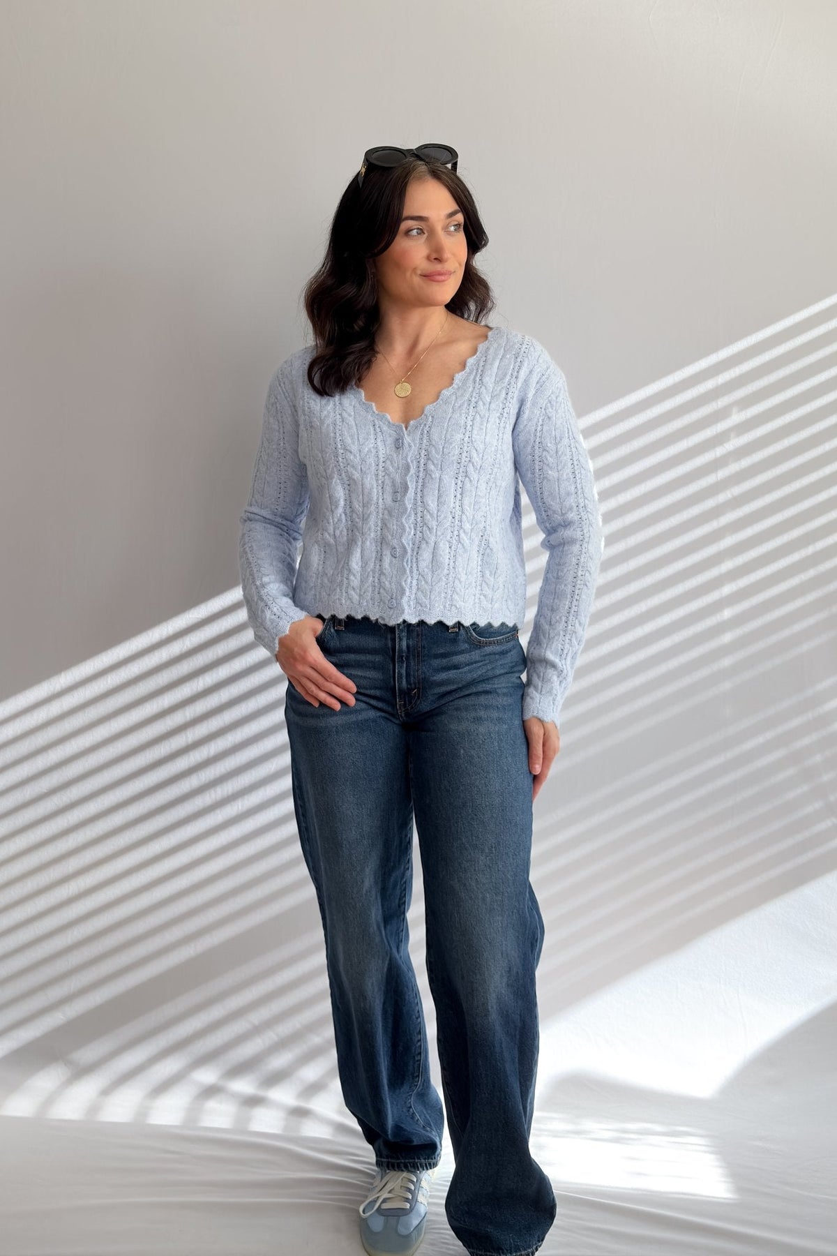 Women’s Light Blue Scalloped Cable Knit Cardigan - Women's Sweaters - Blooming Daily