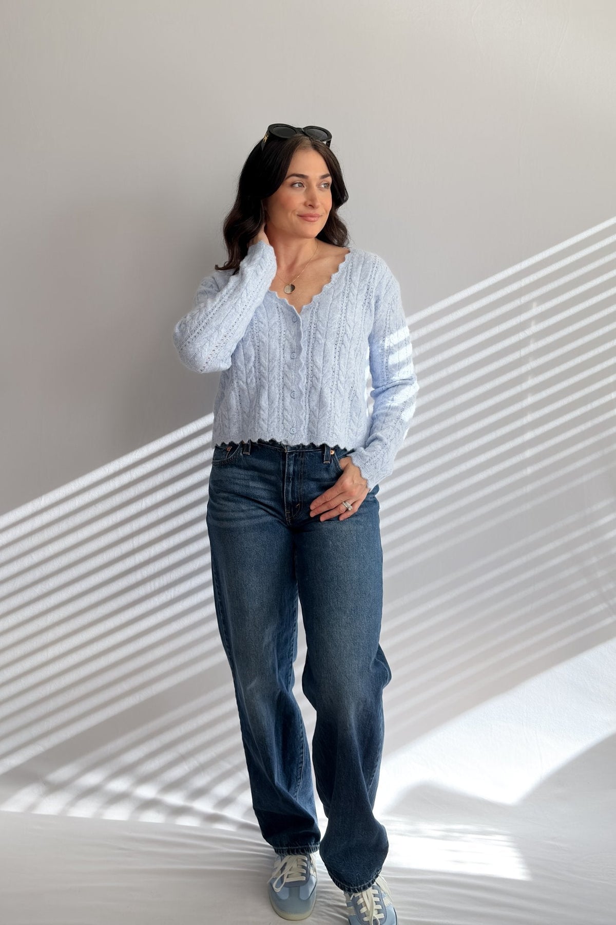 Women’s Light Blue Scalloped Cable Knit Cardigan - Women's Sweaters - Blooming Daily