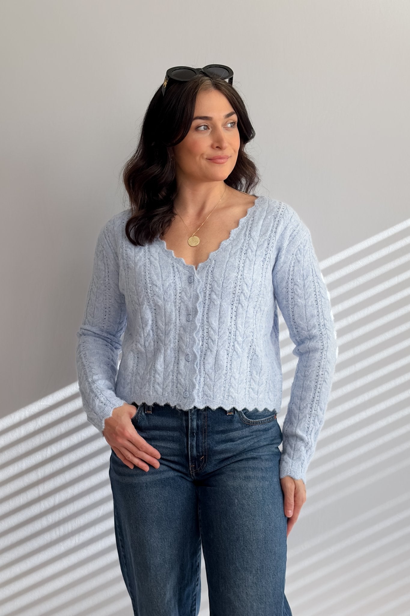 Women’s Light Blue Scalloped Cable Knit Cardigan - Women's Sweaters - Blooming Daily