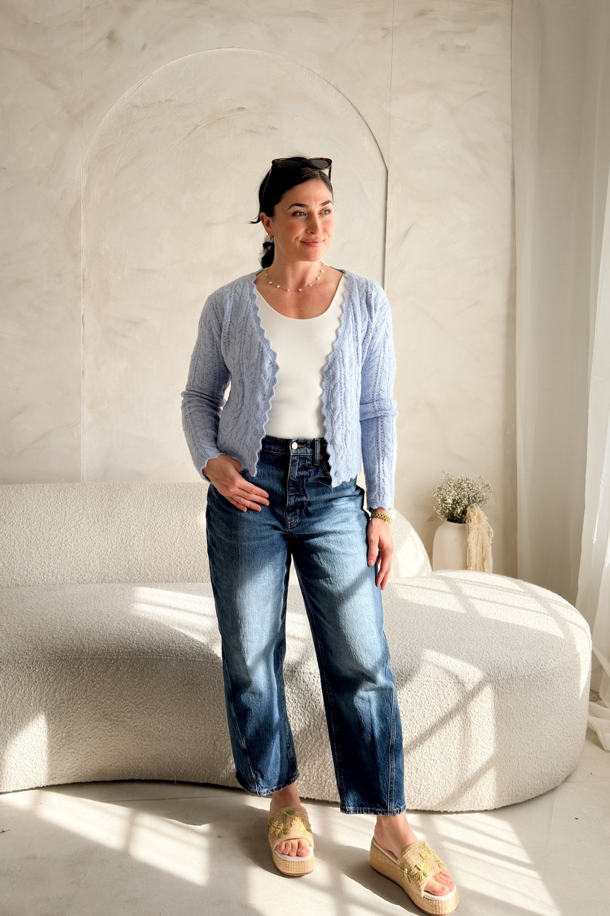 Women’s Light Blue Scalloped Cable Knit Cardigan - Women's Sweaters - Blooming Daily