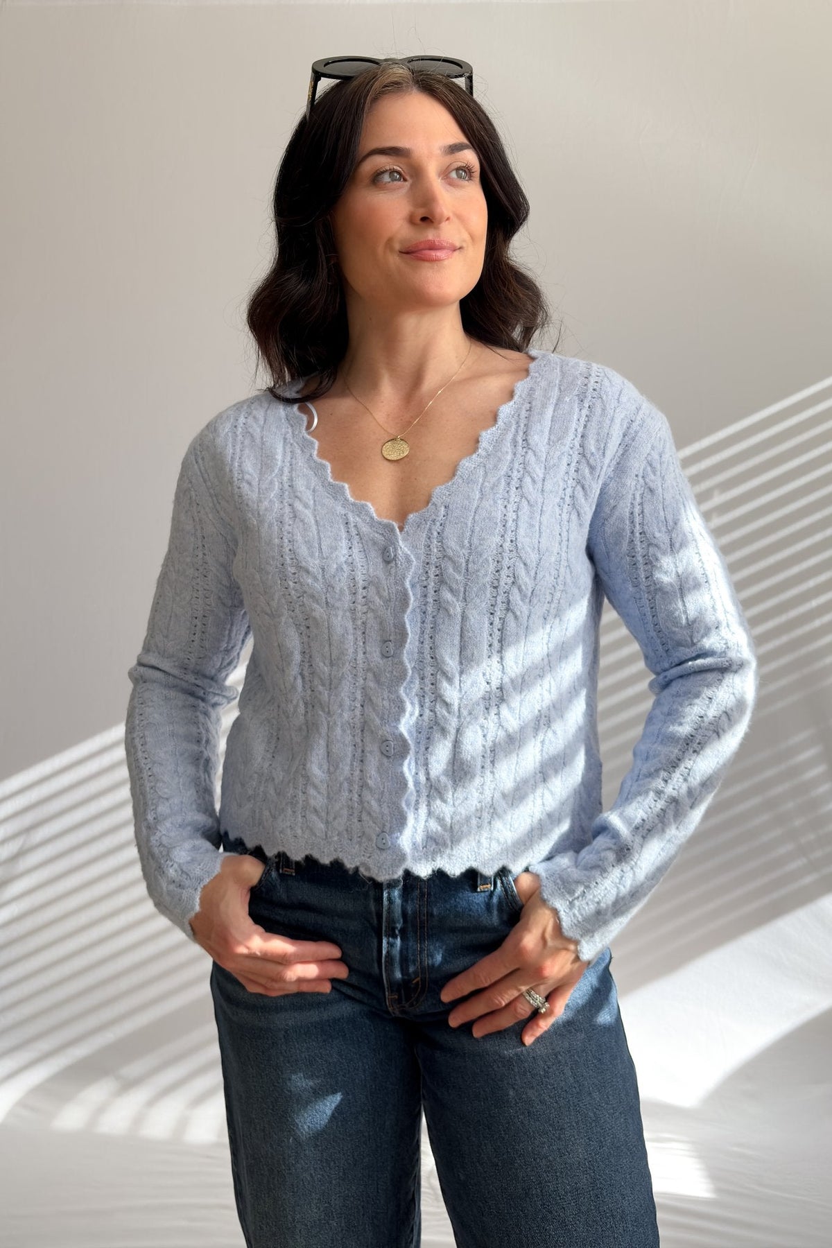 Women’s Light Blue Scalloped Cable Knit Cardigan - Women's Sweaters - Blooming Daily