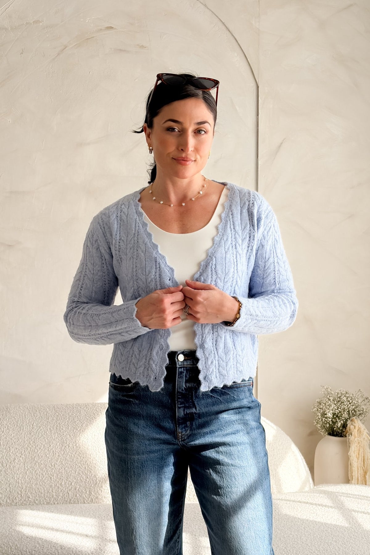 Women’s Light Blue Scalloped Cable Knit Cardigan - Women's Sweaters - Blooming Daily