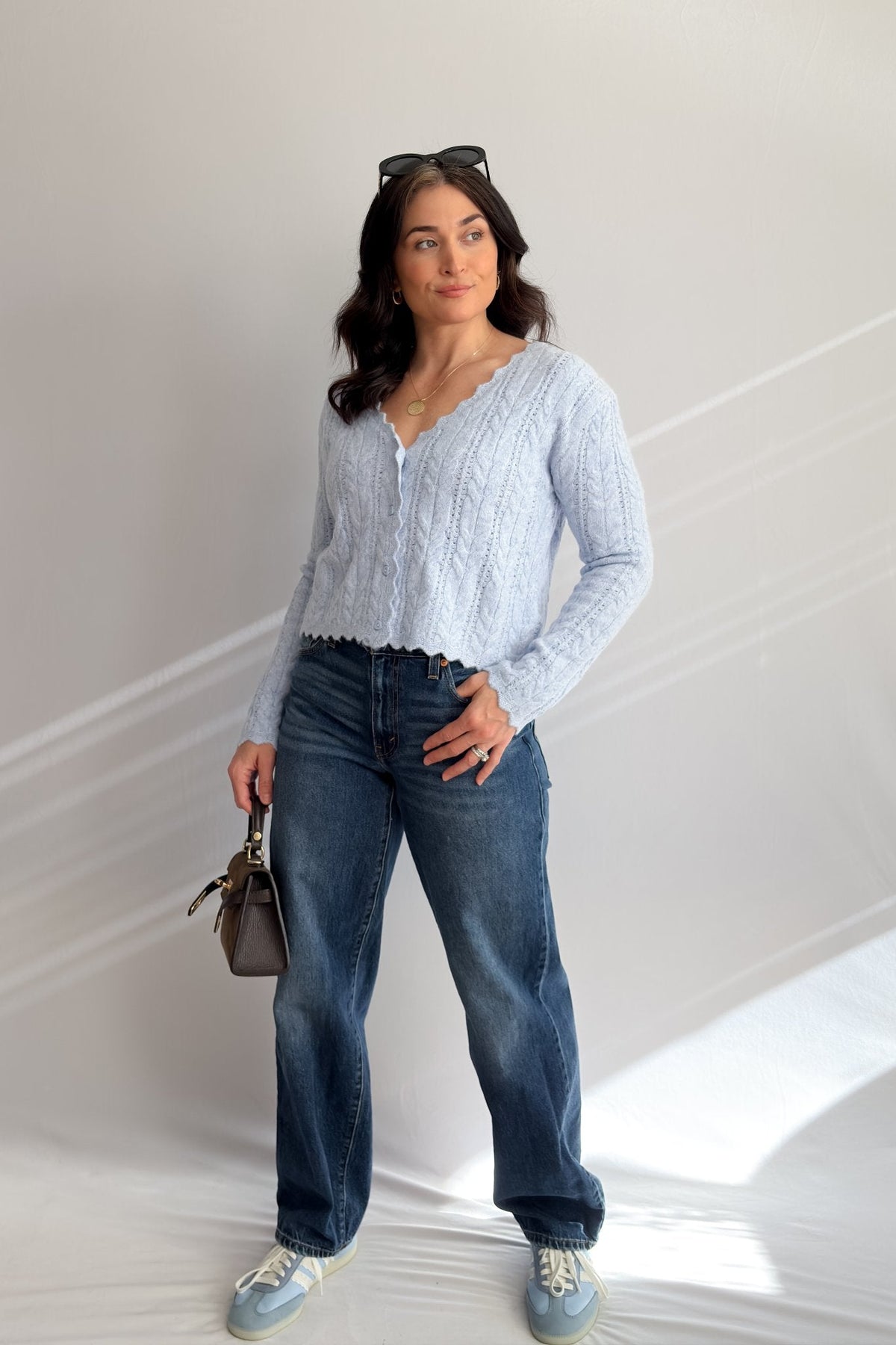 Women’s Light Blue Scalloped Cable Knit Cardigan - Women's Sweaters - Blooming Daily