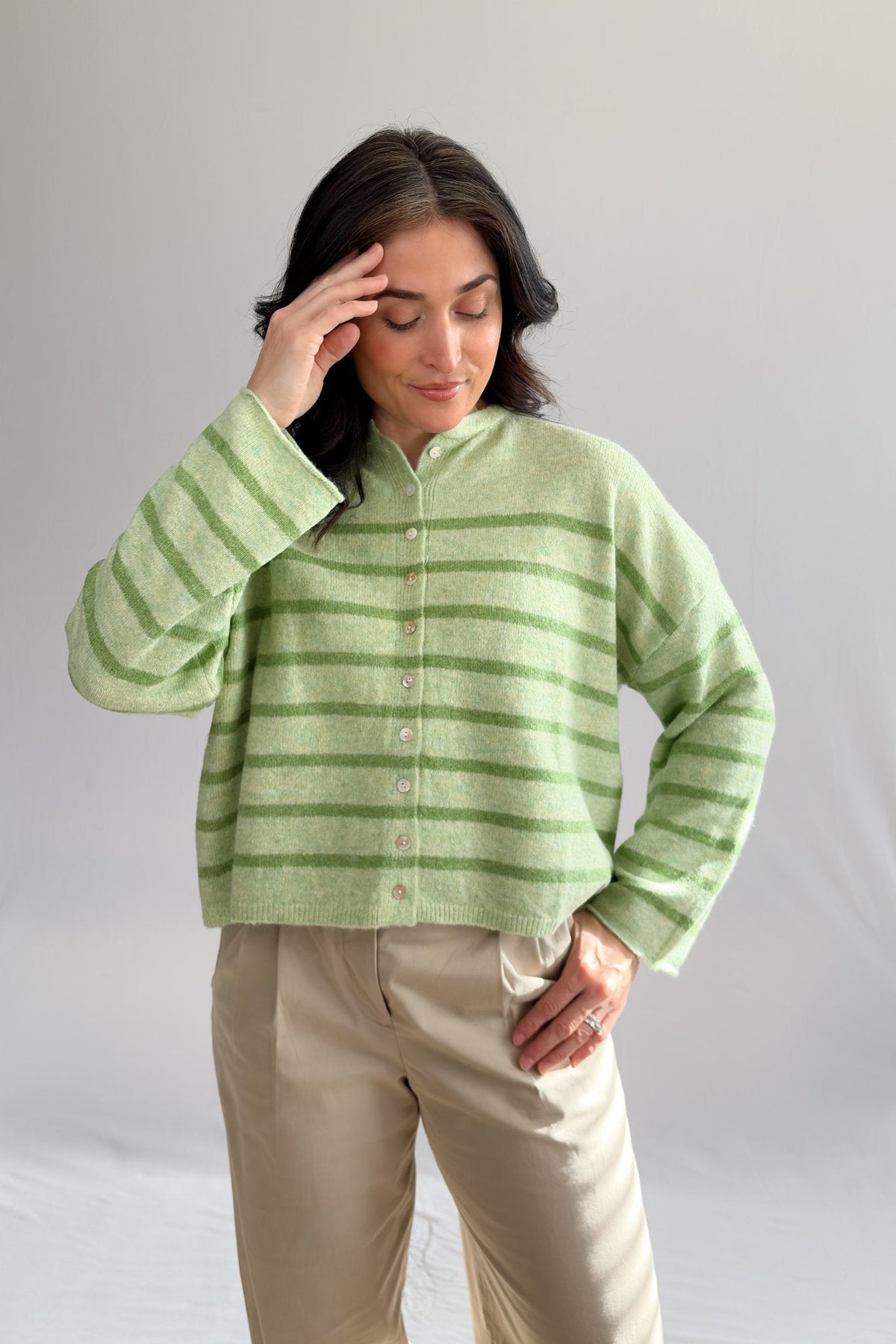 Women’s Light Green Striped Soft Knit Button Cardigan - Women's Sweaters - Blooming Daily