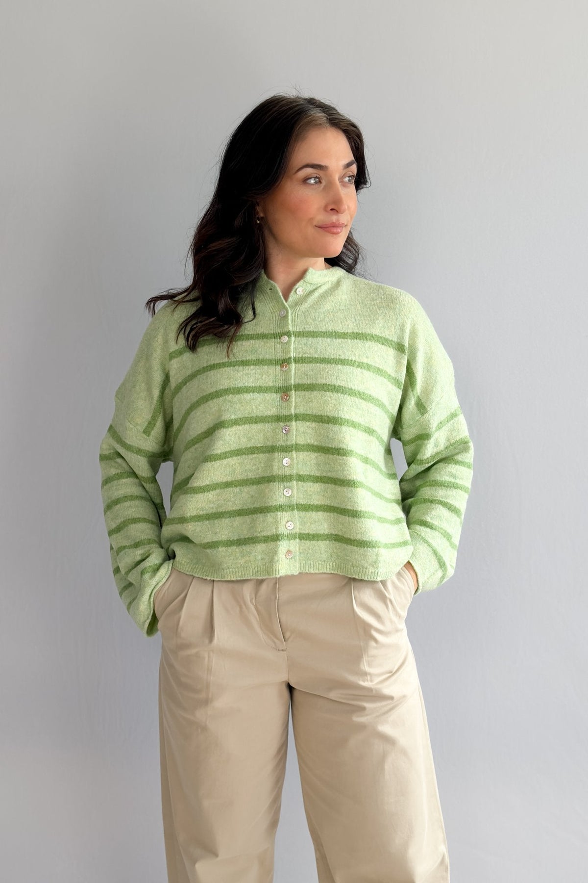 Women’s Light Green Striped Soft Knit Button Cardigan - Women's Sweaters - Blooming Daily