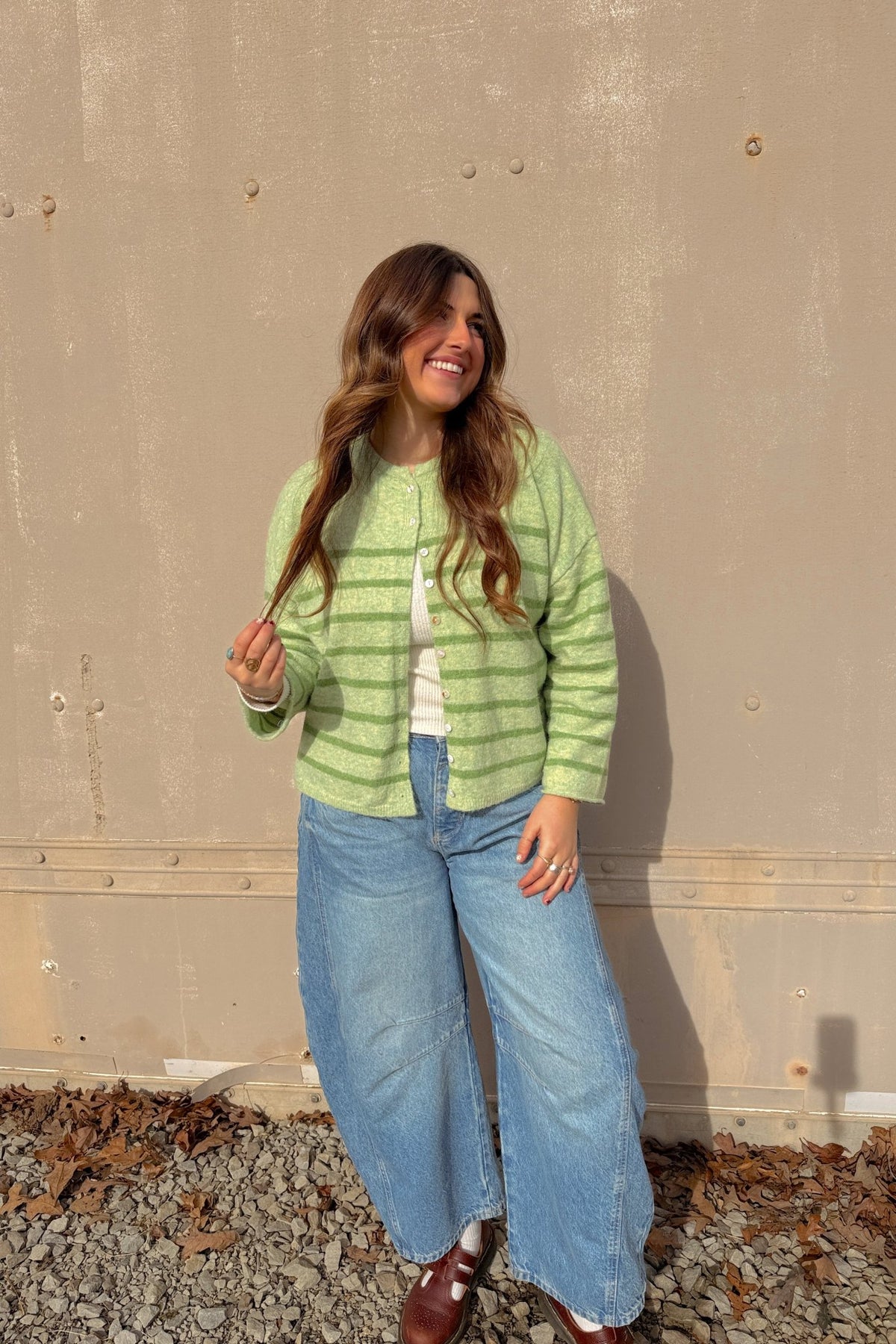 Women’s Light Green Striped Soft Knit Button Cardigan - Women's Sweaters - Blooming Daily