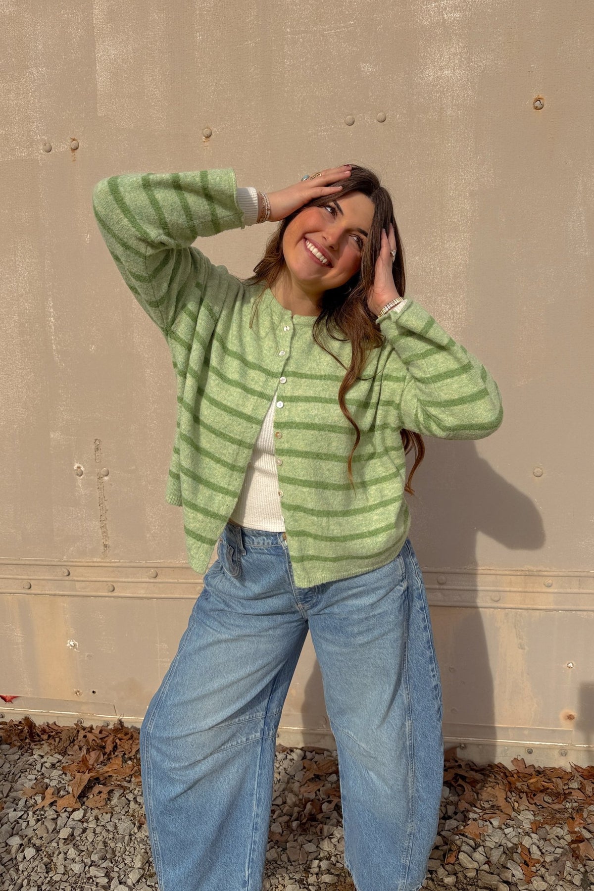 Women’s Light Green Striped Soft Knit Button Cardigan - Women's Sweaters - Blooming Daily