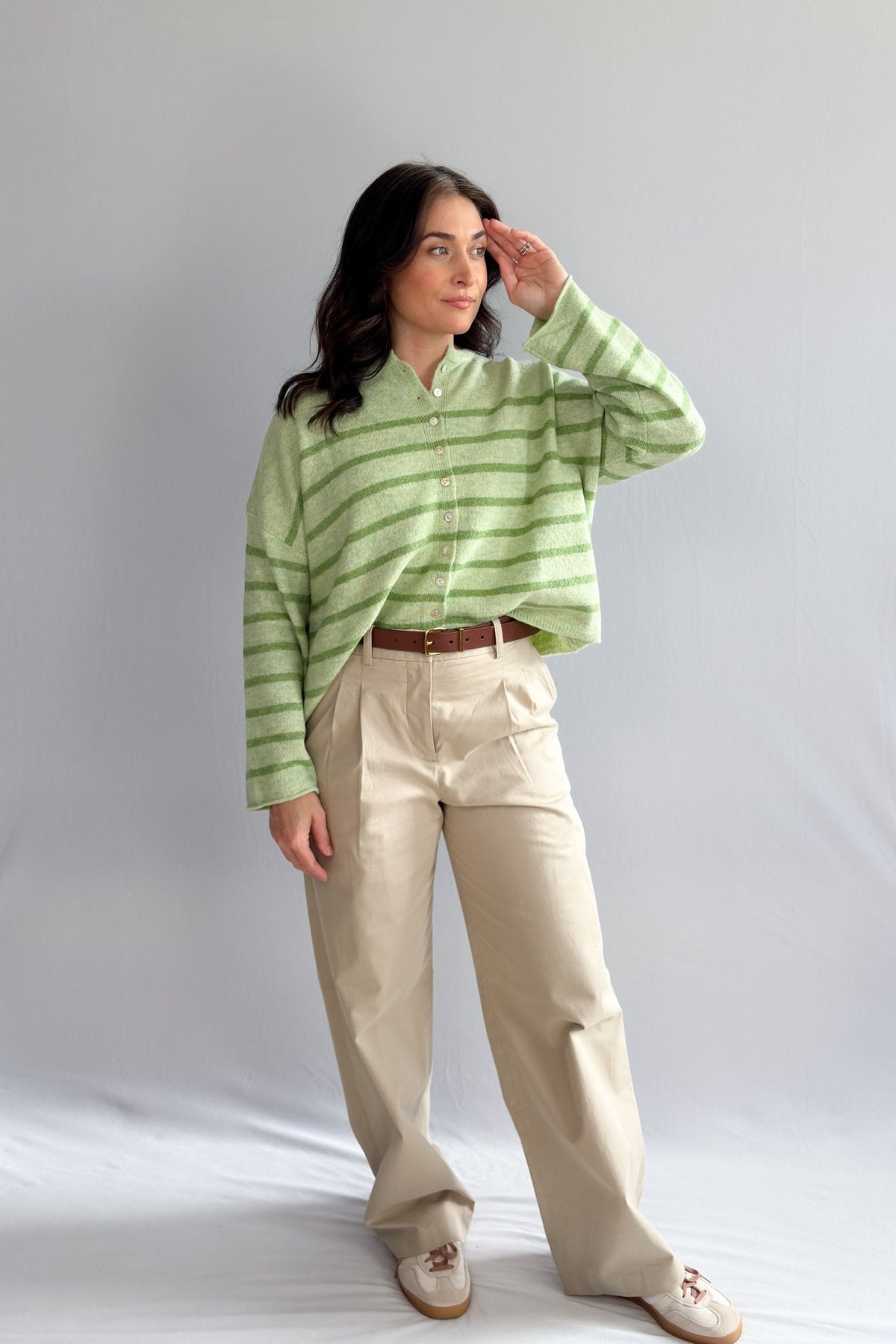 Women’s Light Green Striped Soft Knit Button Cardigan - Women's Sweaters - Blooming Daily