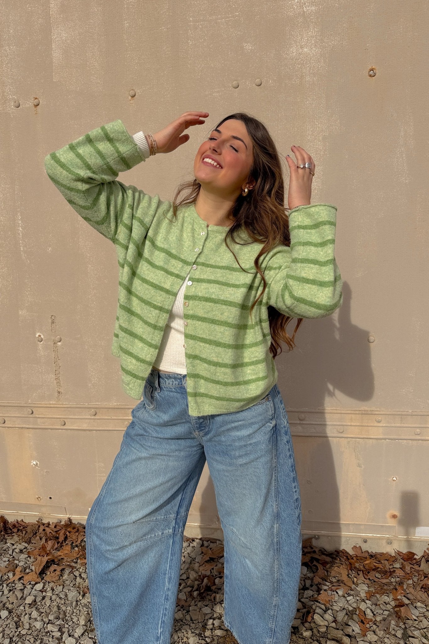 Women’s Light Green Striped Soft Knit Button Cardigan - Women's Sweaters - Blooming Daily