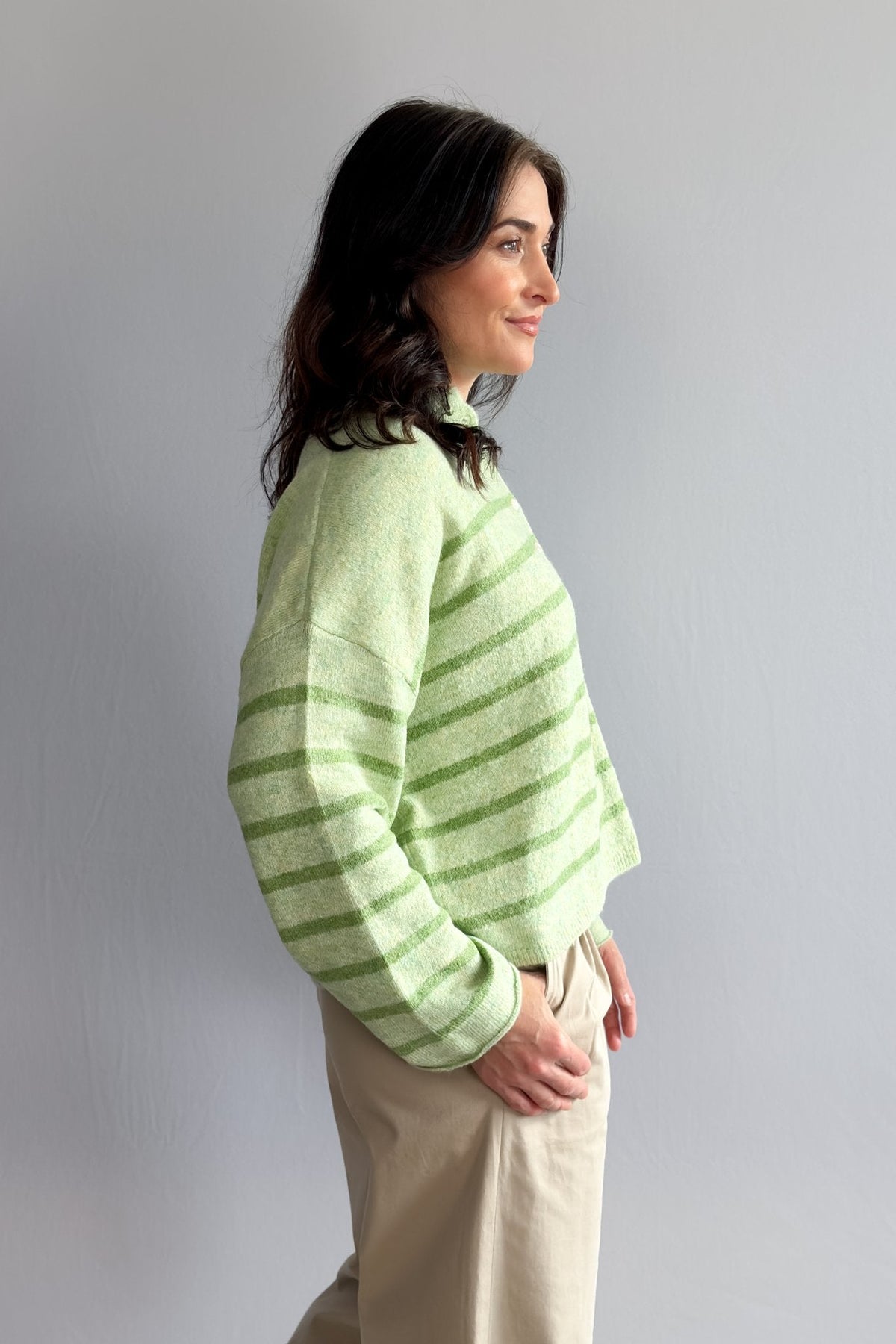 Women’s Light Green Striped Soft Knit Button Cardigan - Women's Sweaters - Blooming Daily