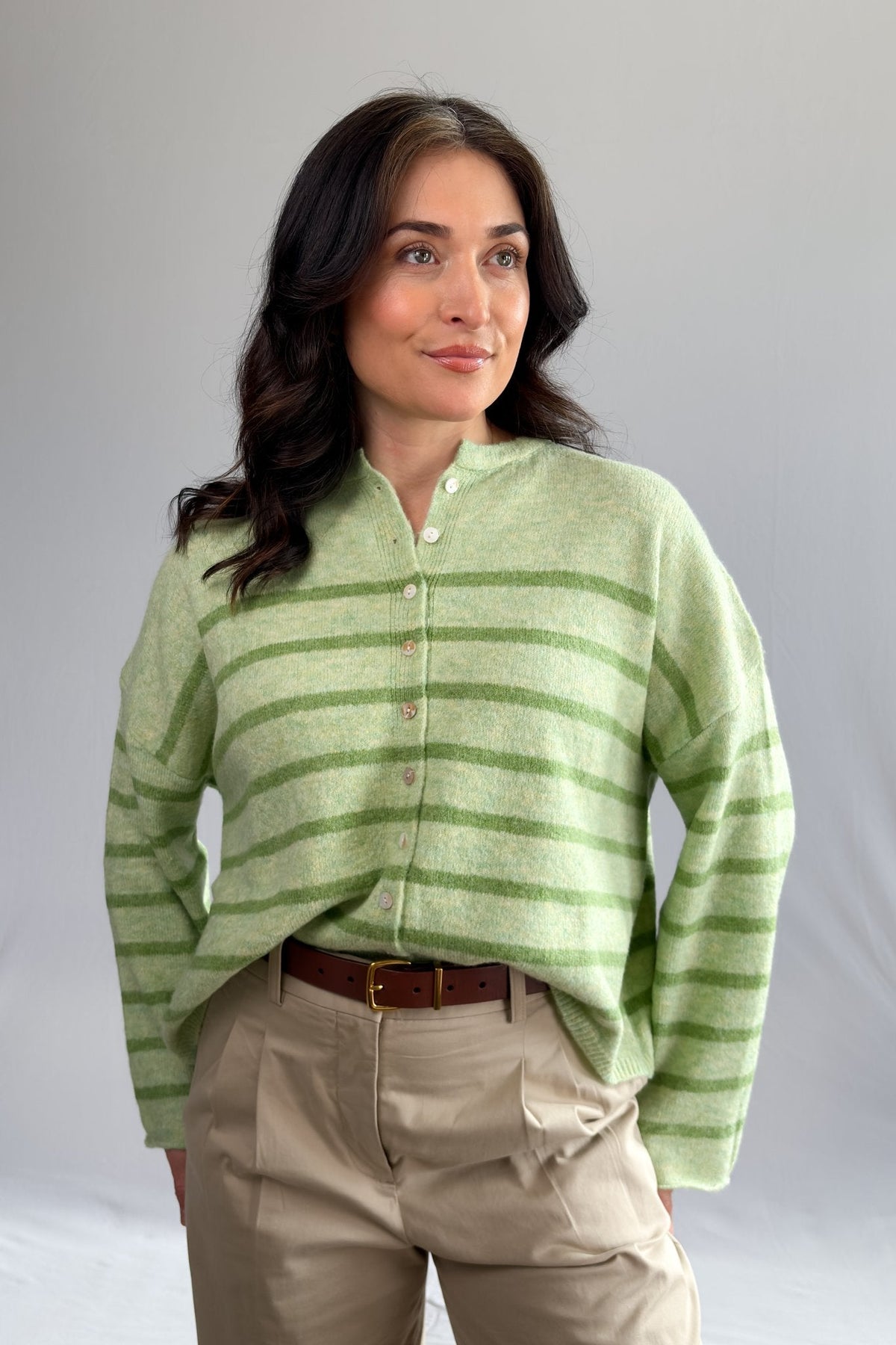 Women’s Light Green Striped Soft Knit Button Cardigan - Women's Sweaters - Blooming Daily